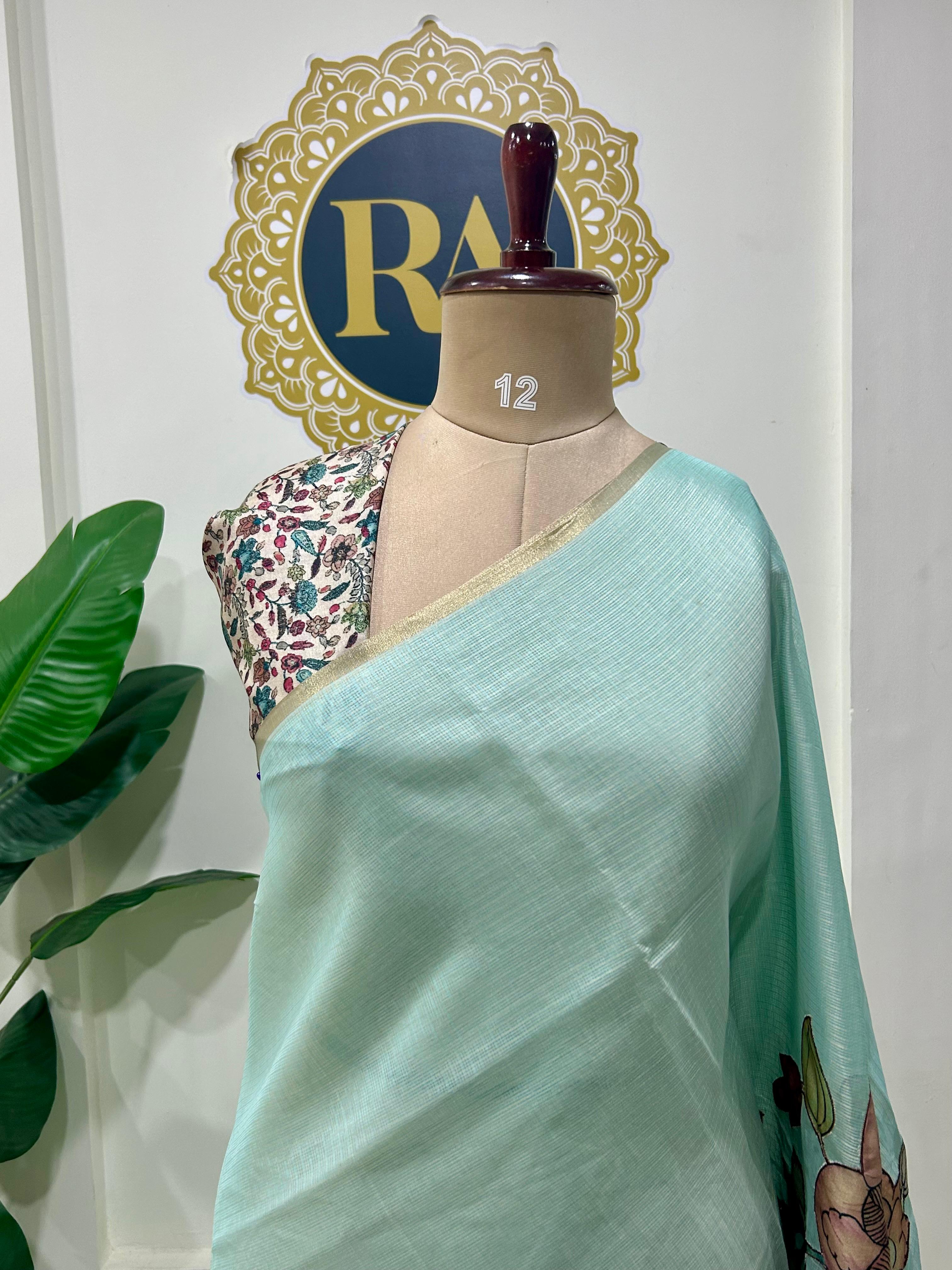 Pastel blue kota checks kalamkari saree