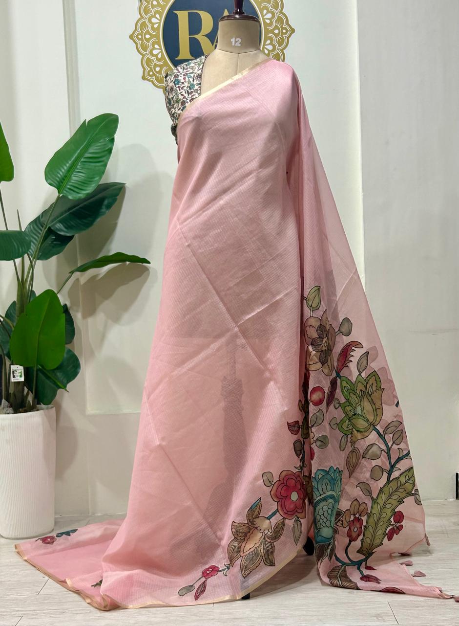 Pastel pink kota checks kalamkari design saree
