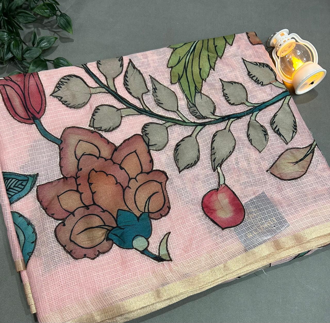 Pastel pink kota checks kalamkari design saree