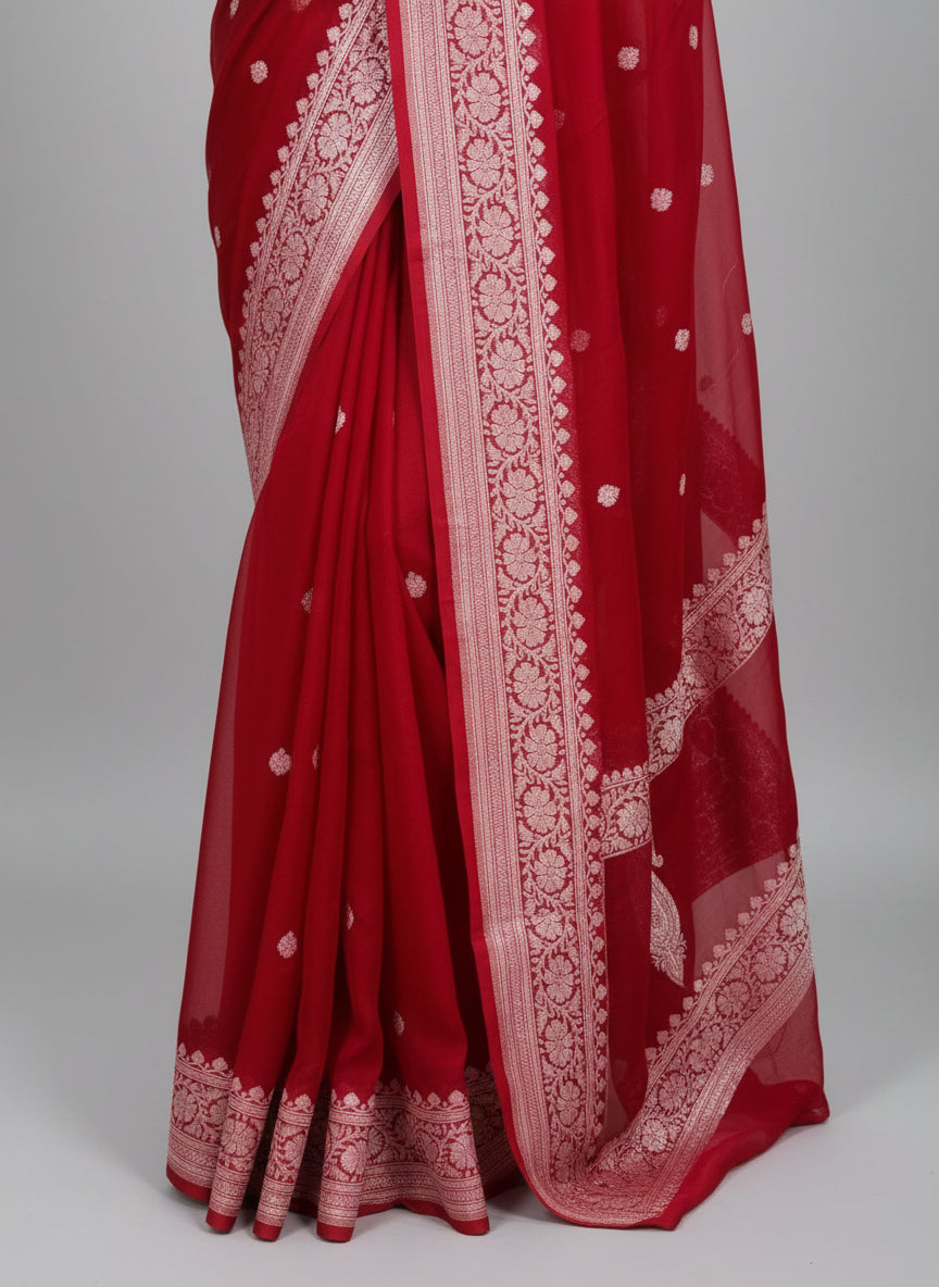 Red self benarasi pure chiffon saree