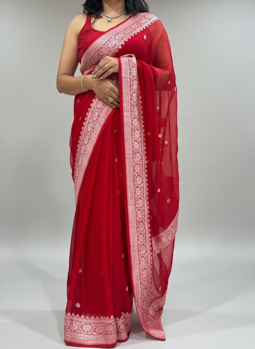 Red self benarasi pure chiffon saree