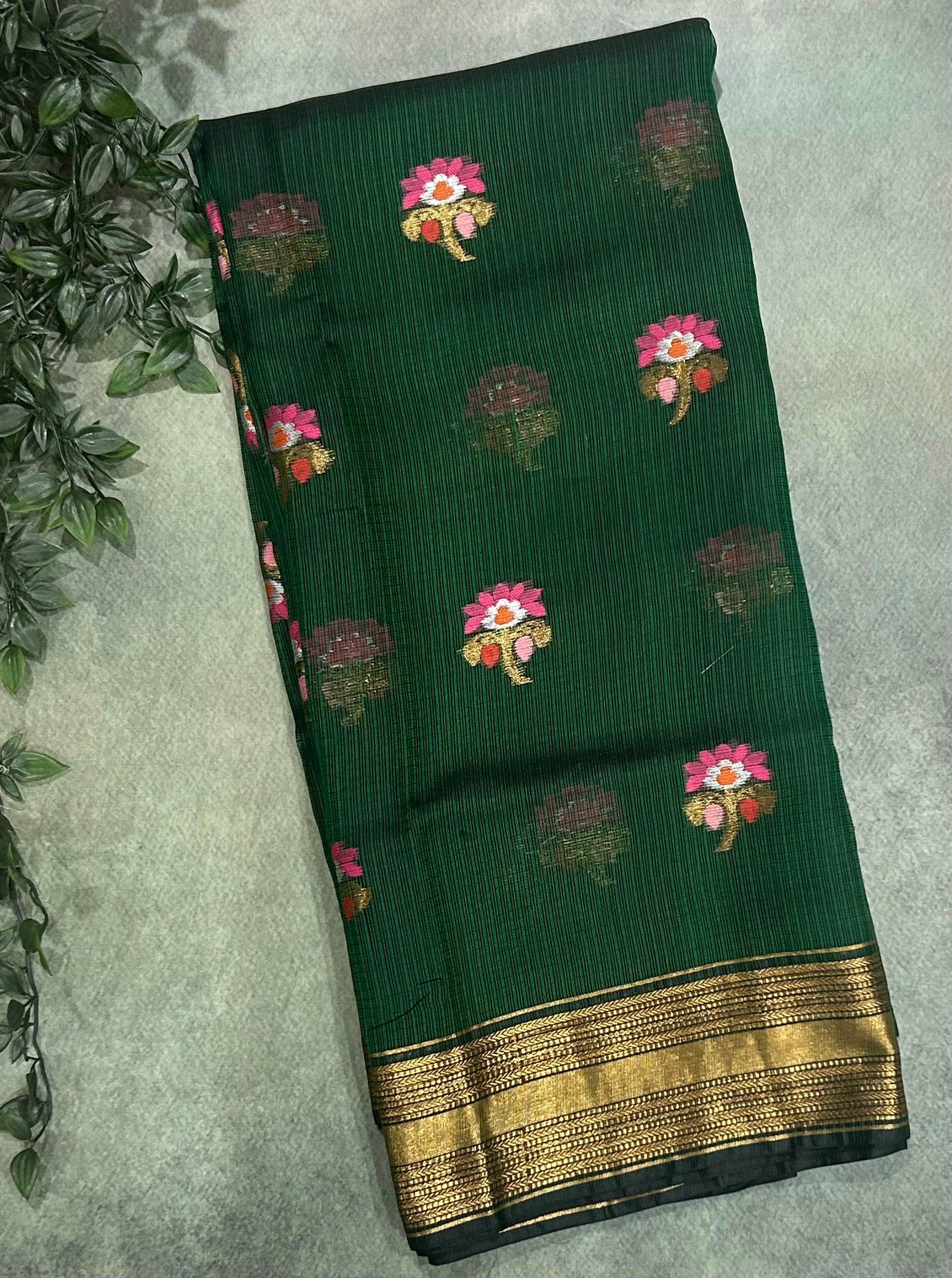Bottle green pure kota checks small butta saree