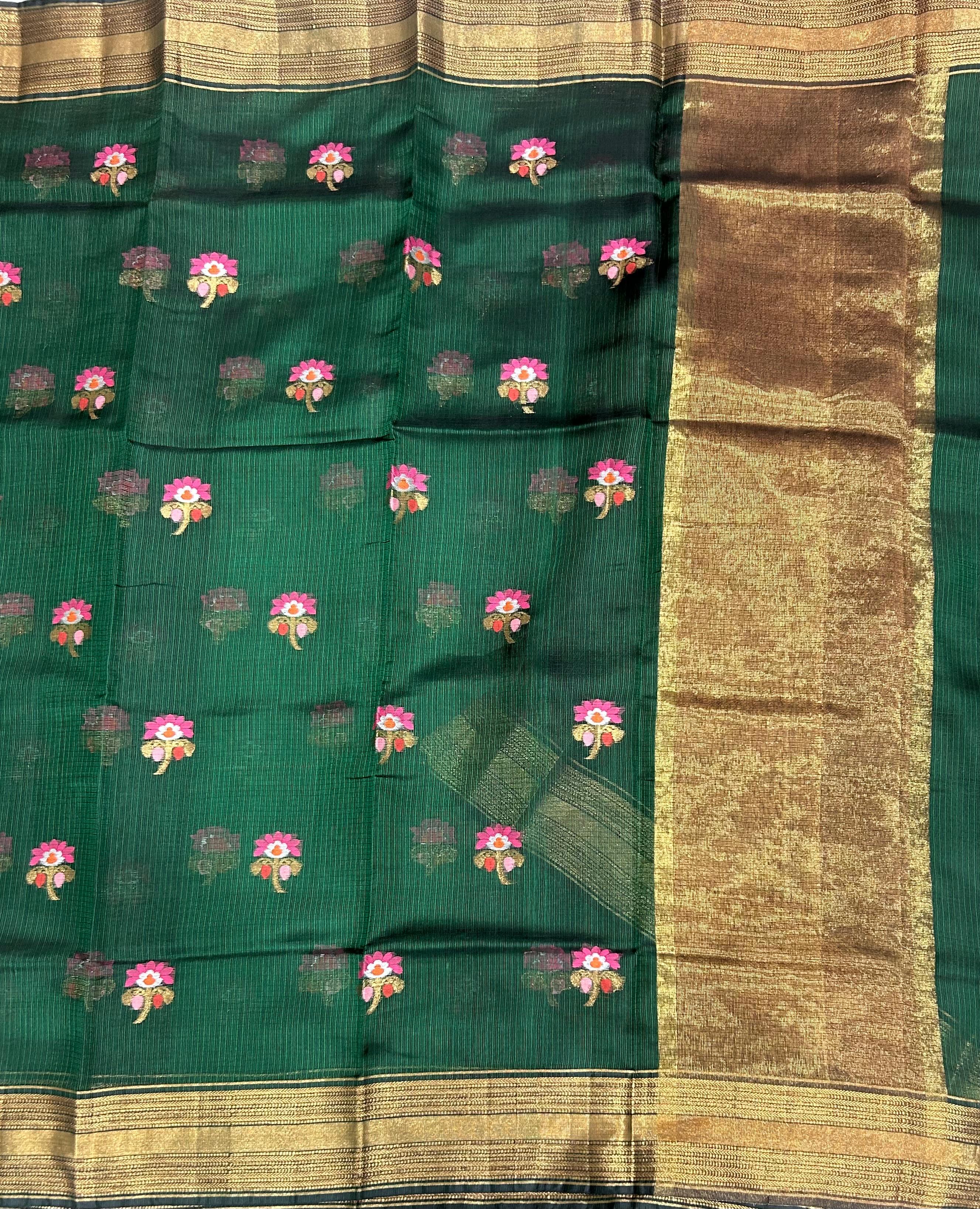 Bottle green pure kota checks small butta saree