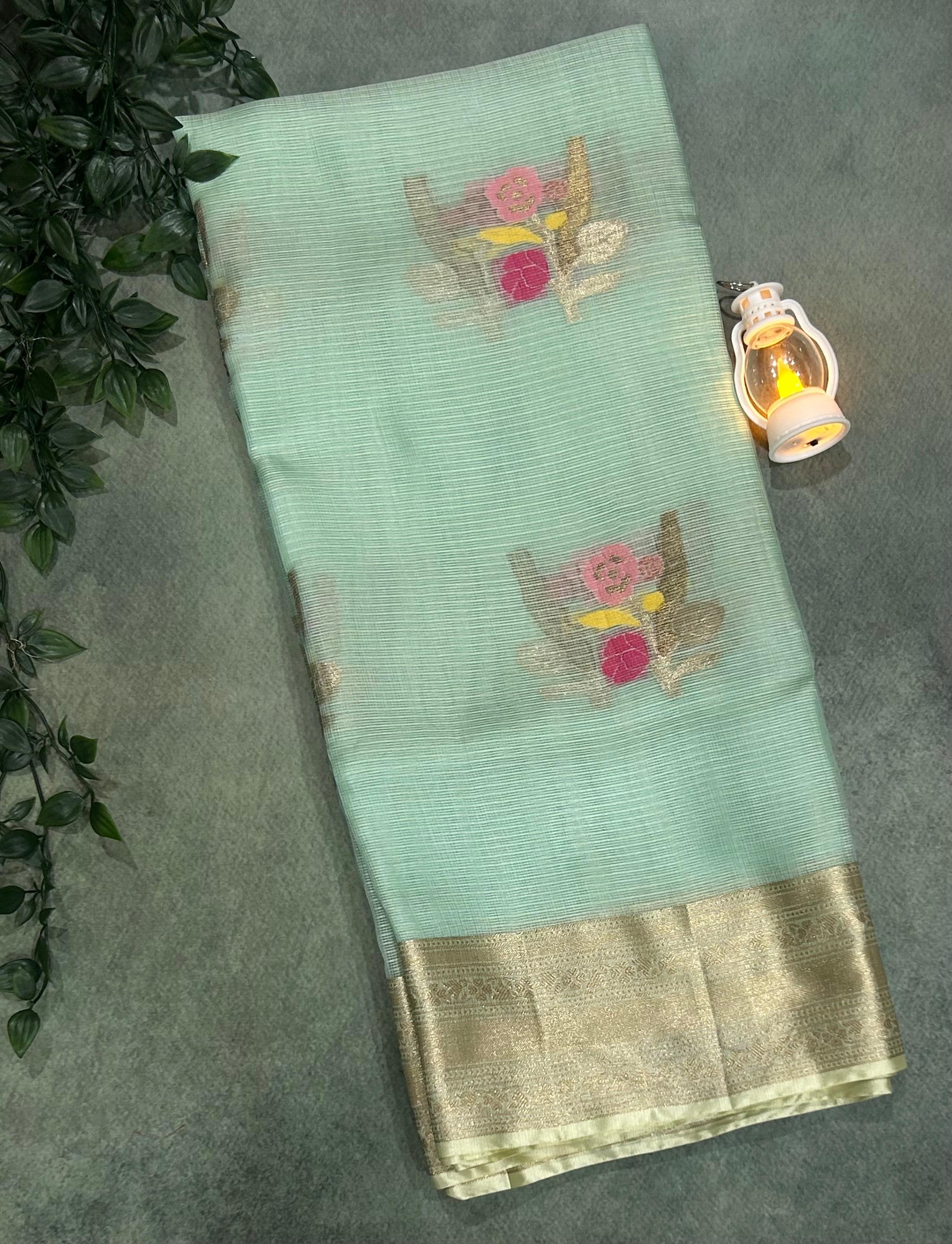 Pastel green pure kota checks small butta saree