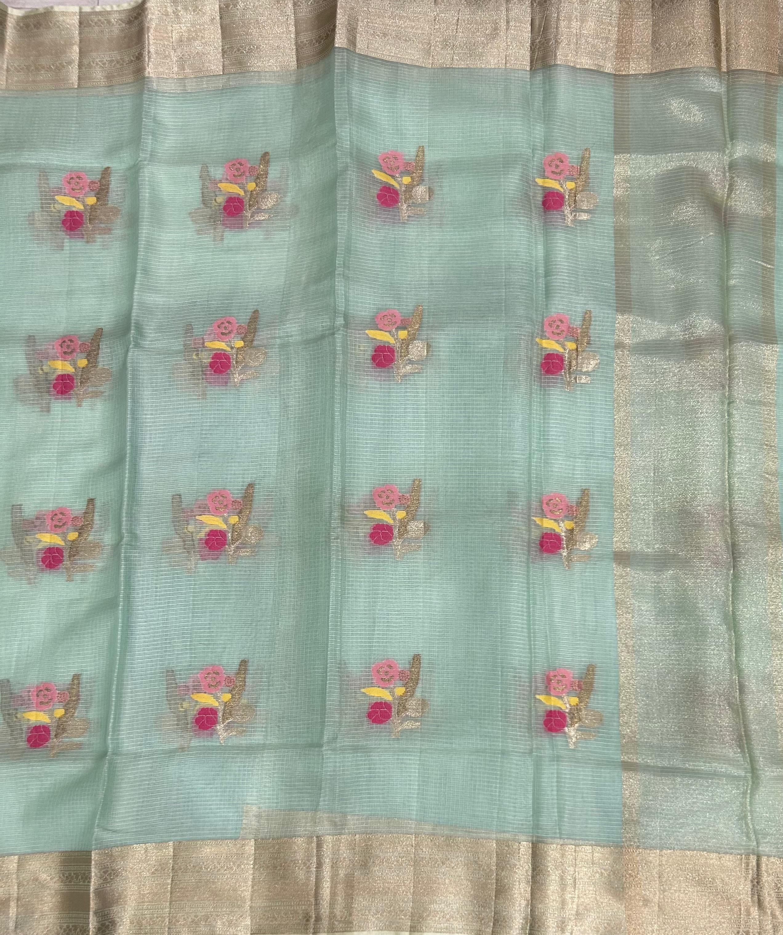 Pastel green pure kota checks small butta saree