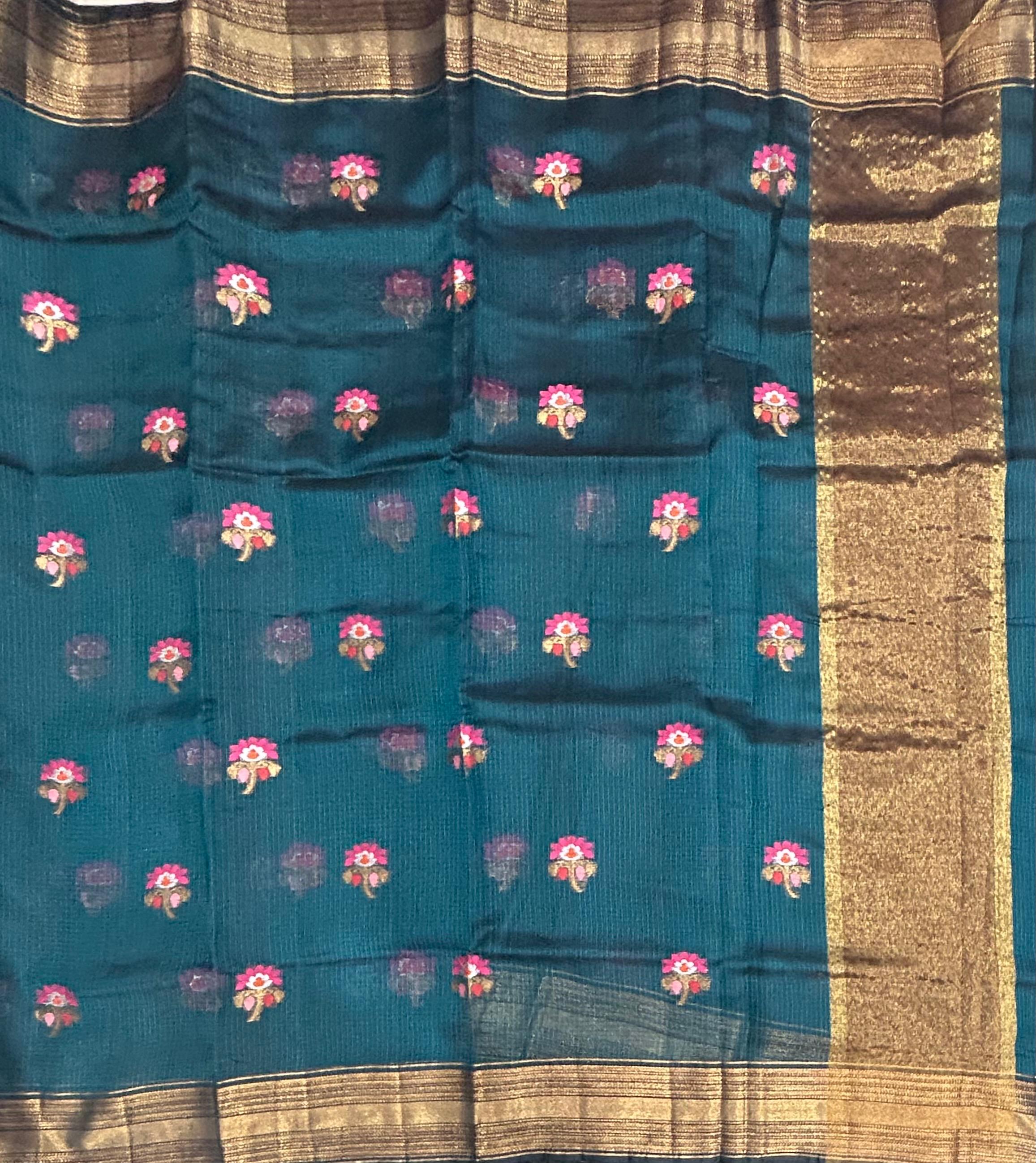 Dark rama green pure kota checks small butta saree