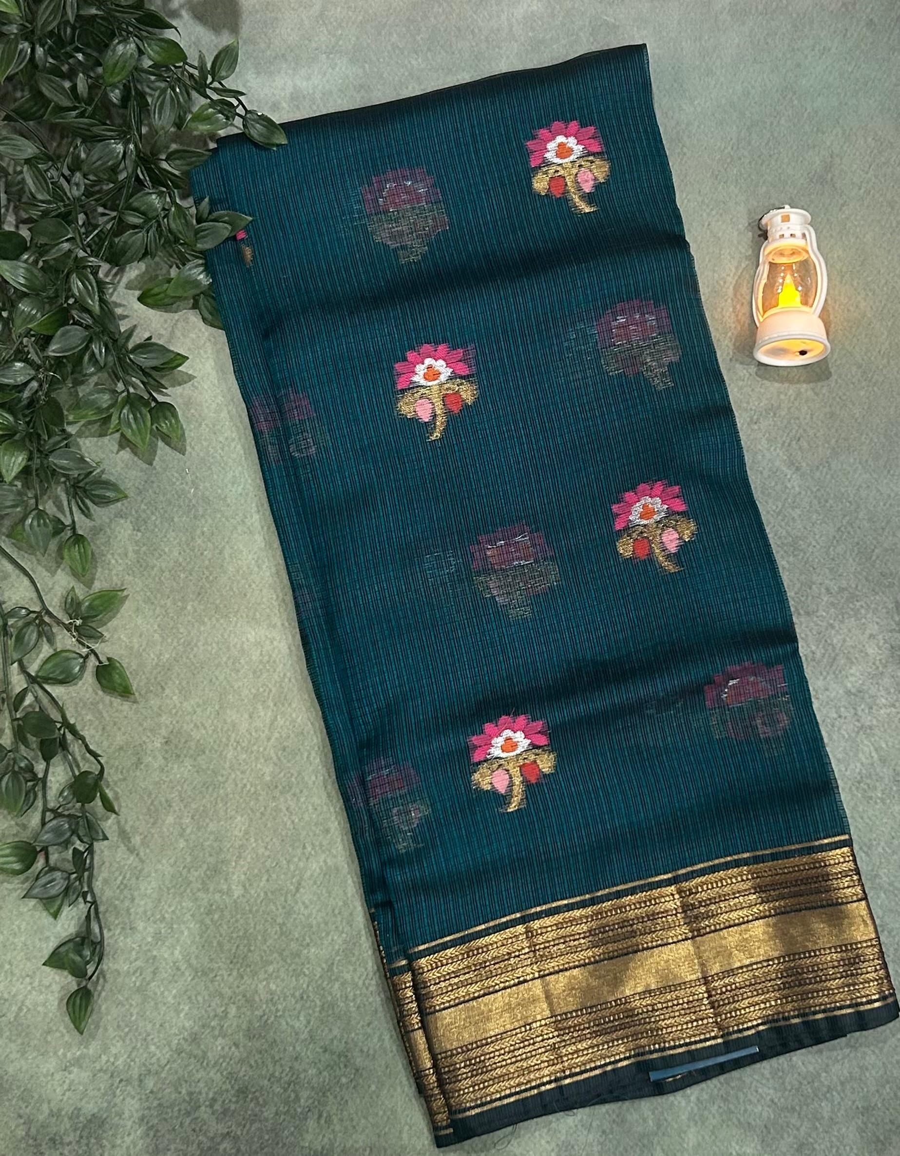 Dark rama green pure kota checks small butta saree