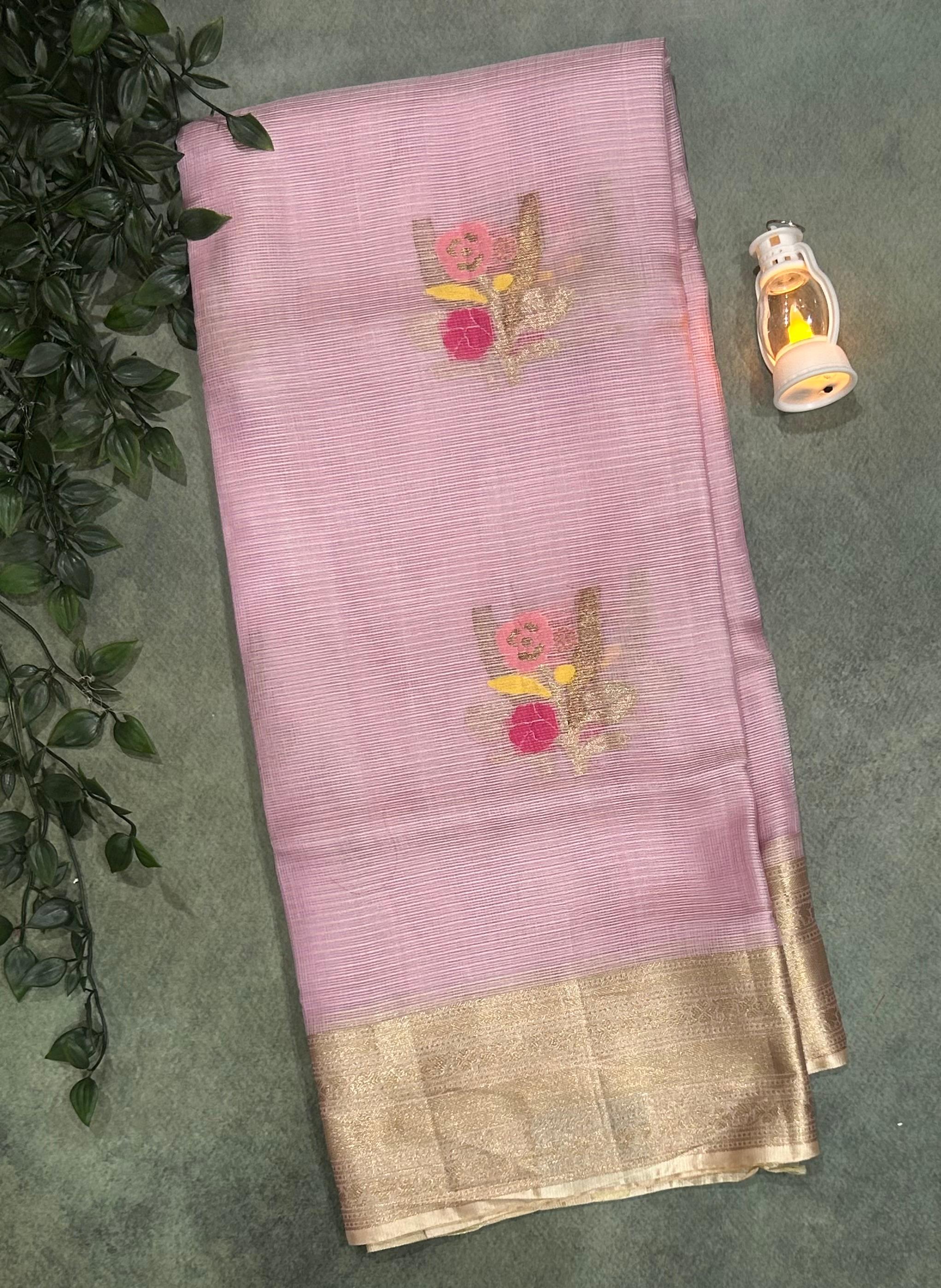 Pastel pink pure kota checks small butta saree