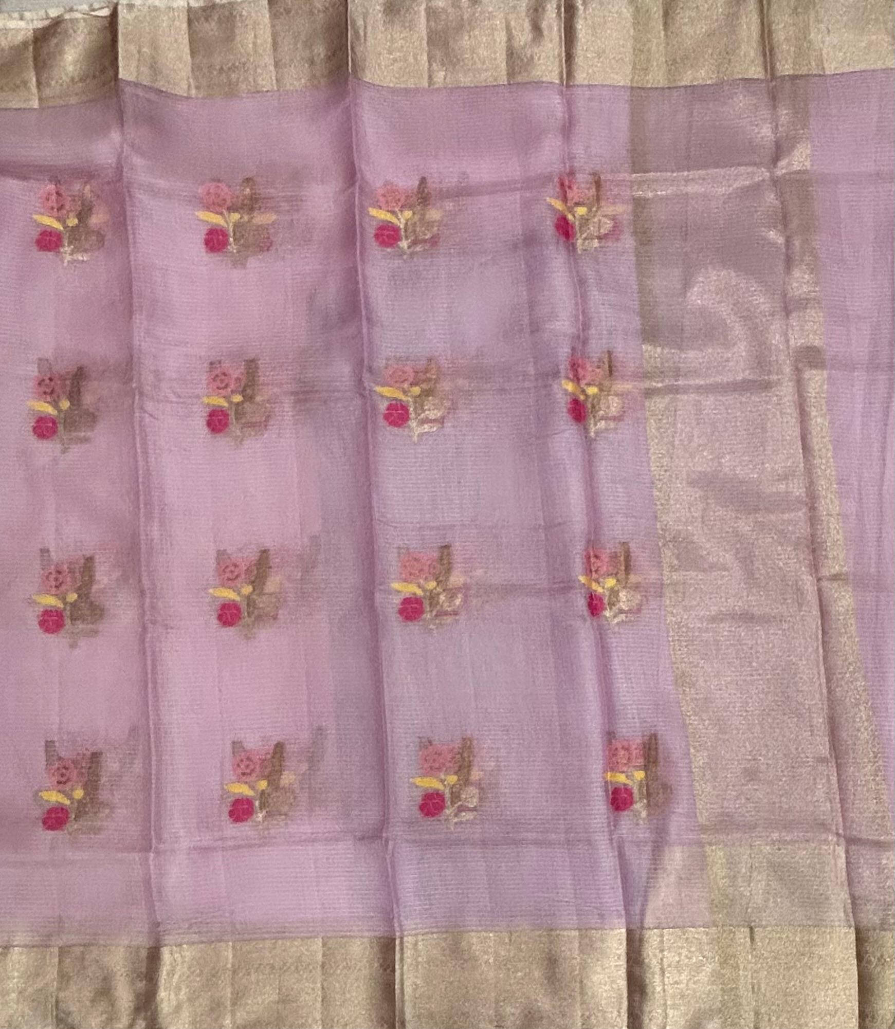 Pastel pink pure kota checks small butta saree
