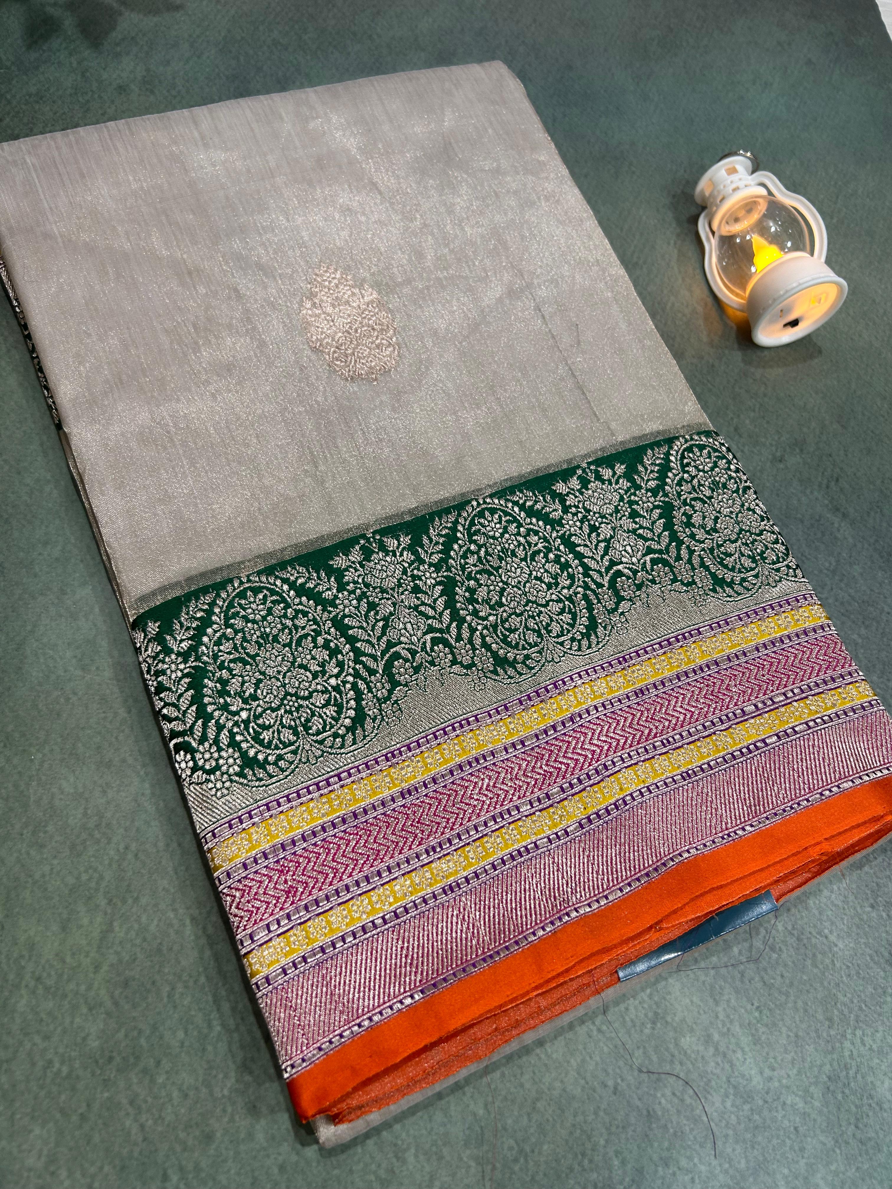 Cream small butta pure tissue kathan border saree