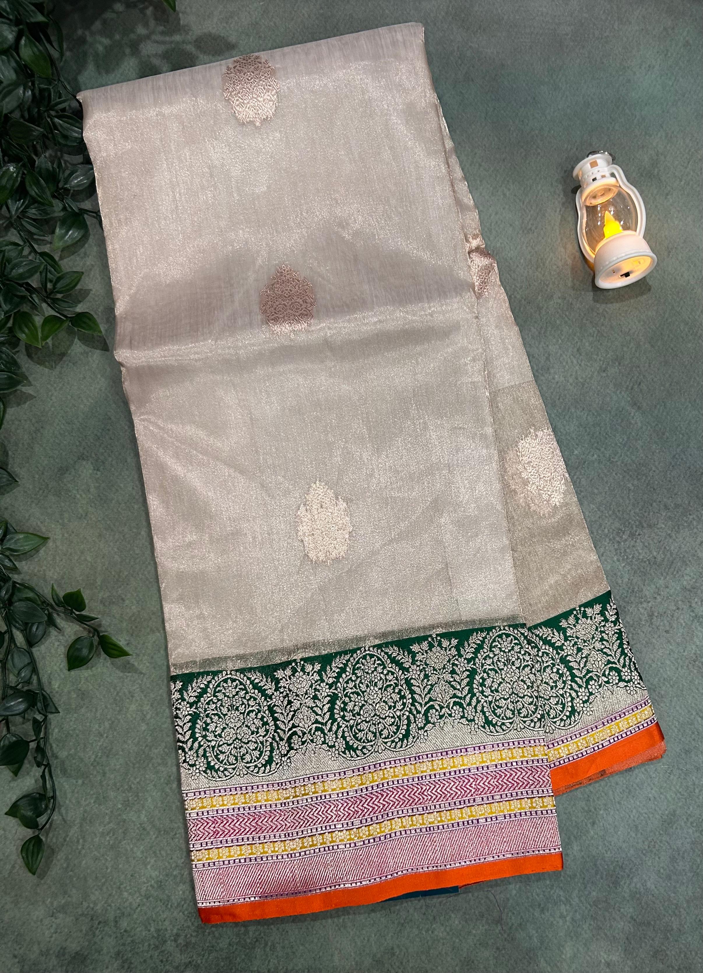 Cream small butta pure tissue 12 kathan border saree