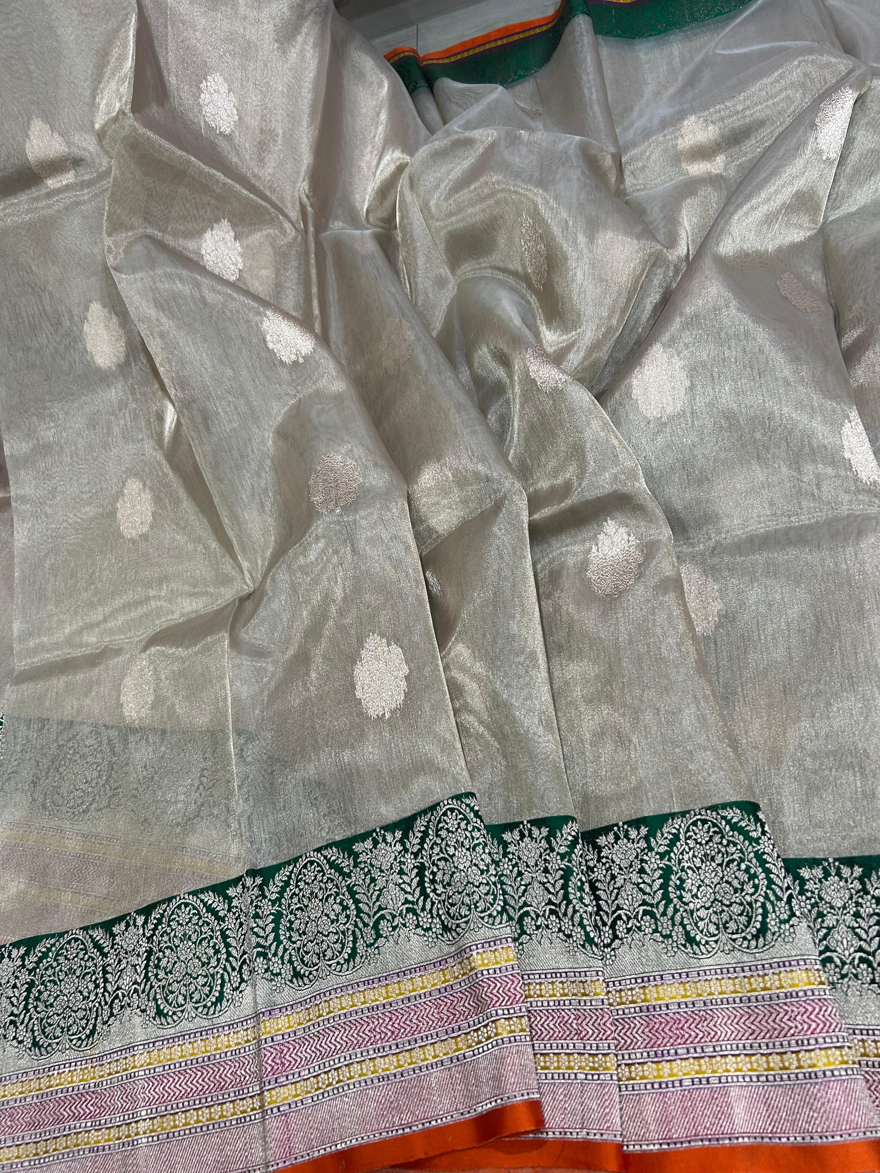 Cream small butta pure tissue 12 kathan border saree