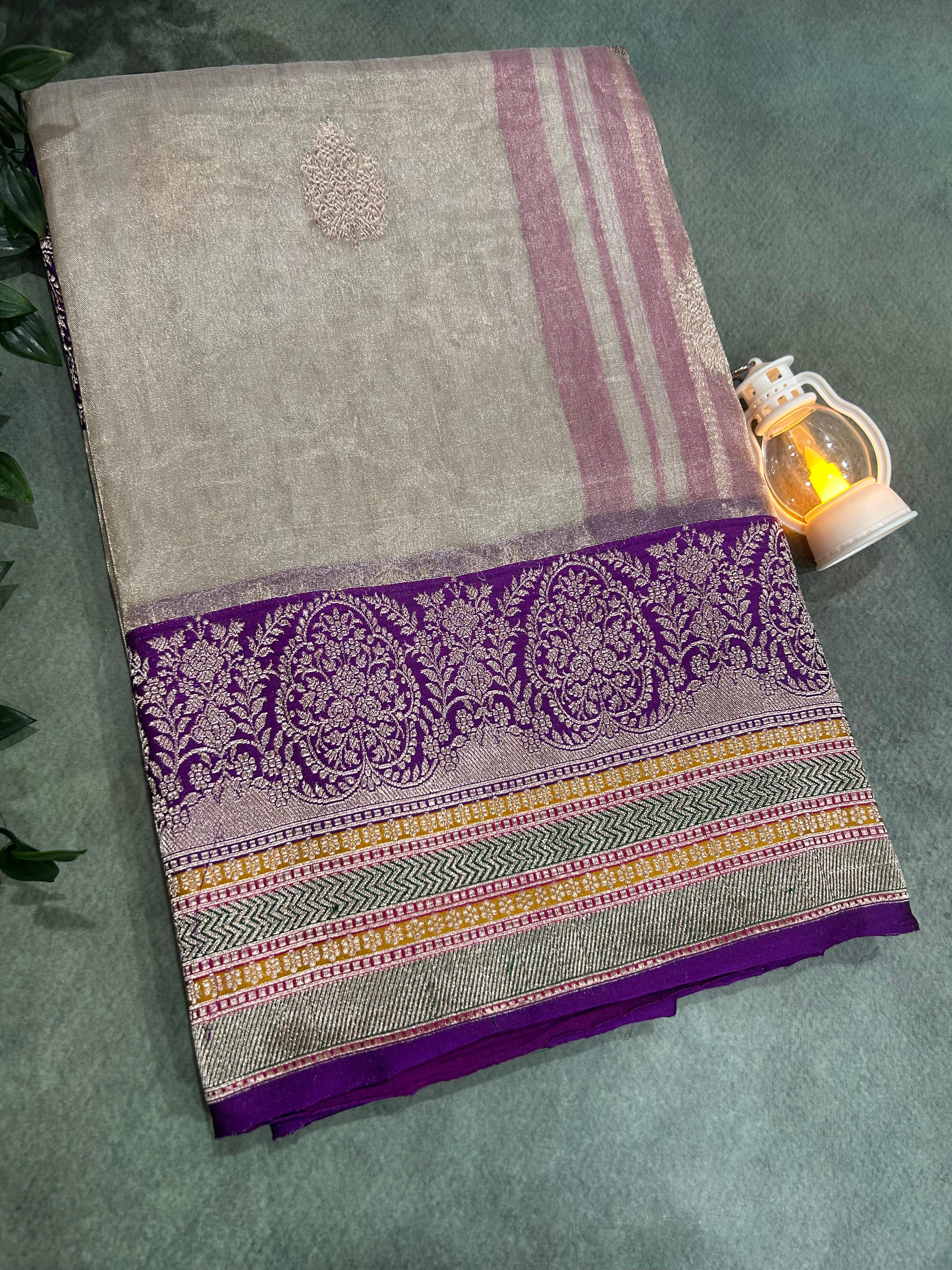 Cream small butta pure tissue kathan border saree