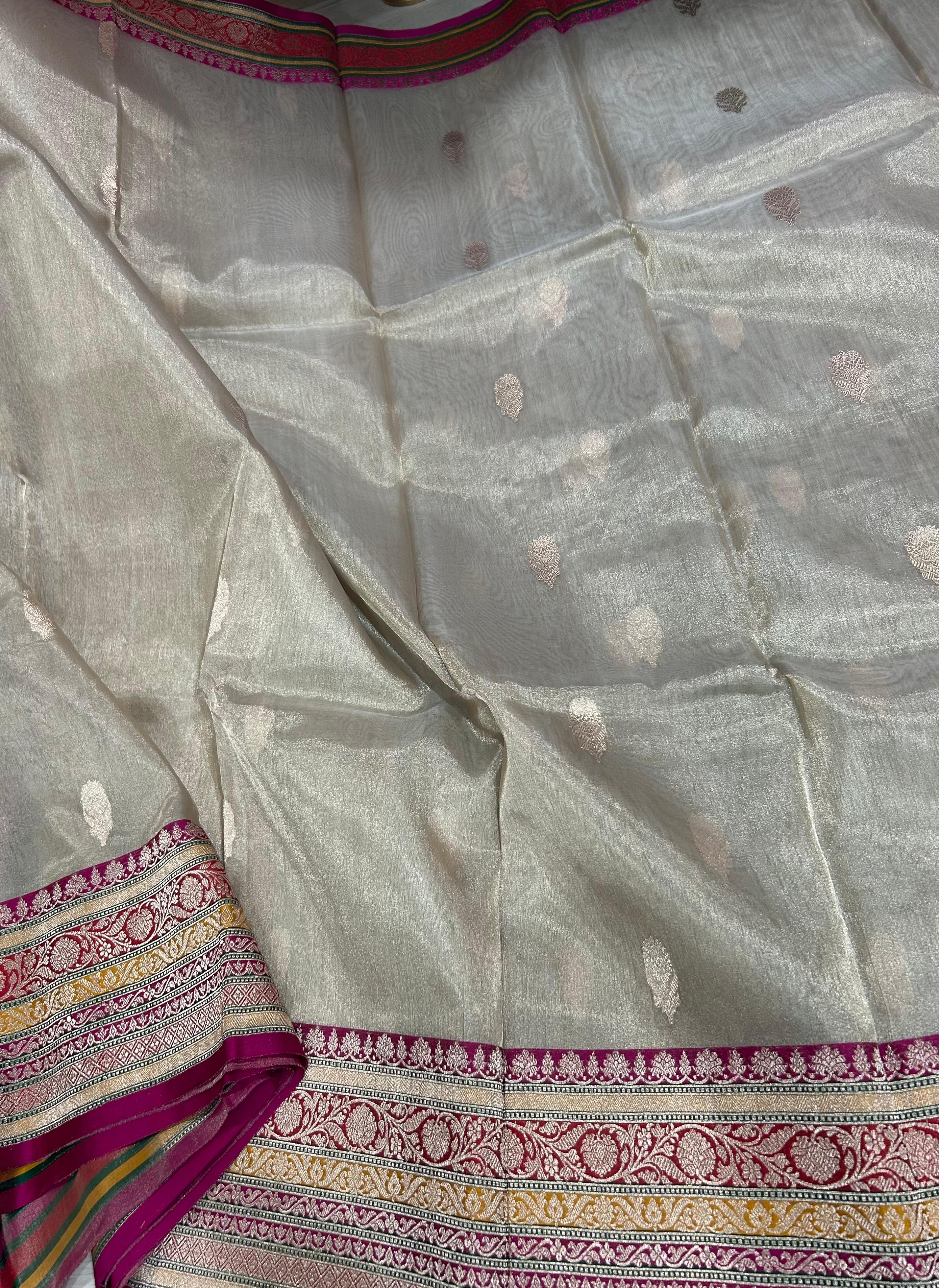 Cream small butta pure tissue 12 kathan border saree