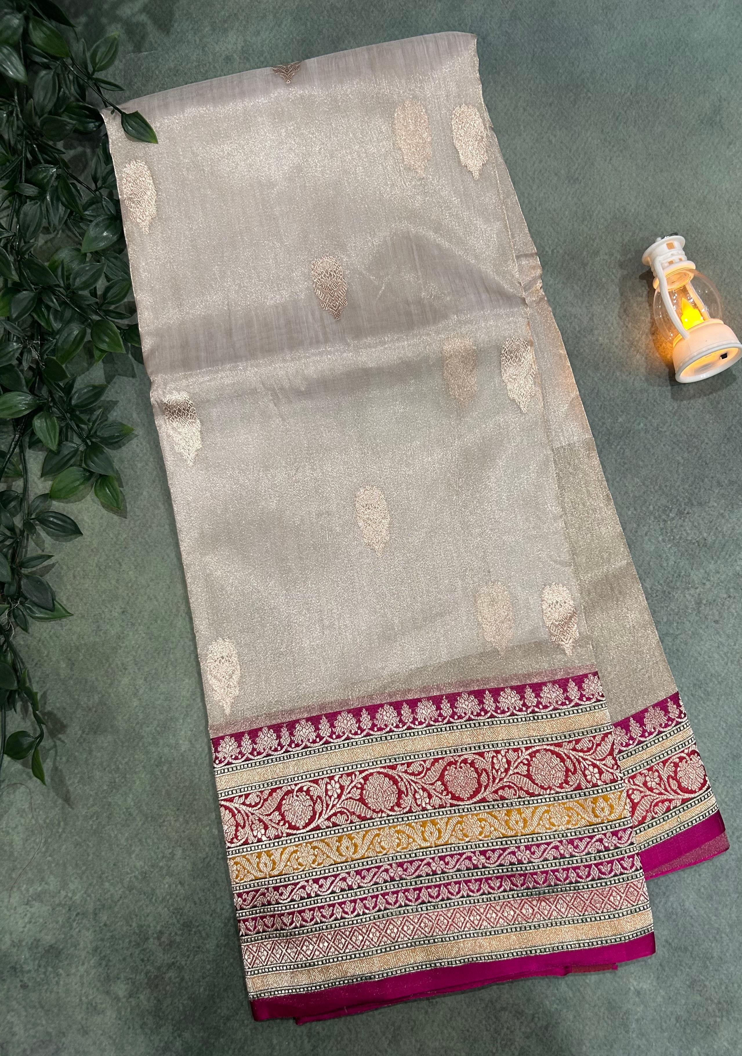 Cream small butta pure tissue kathan border saree