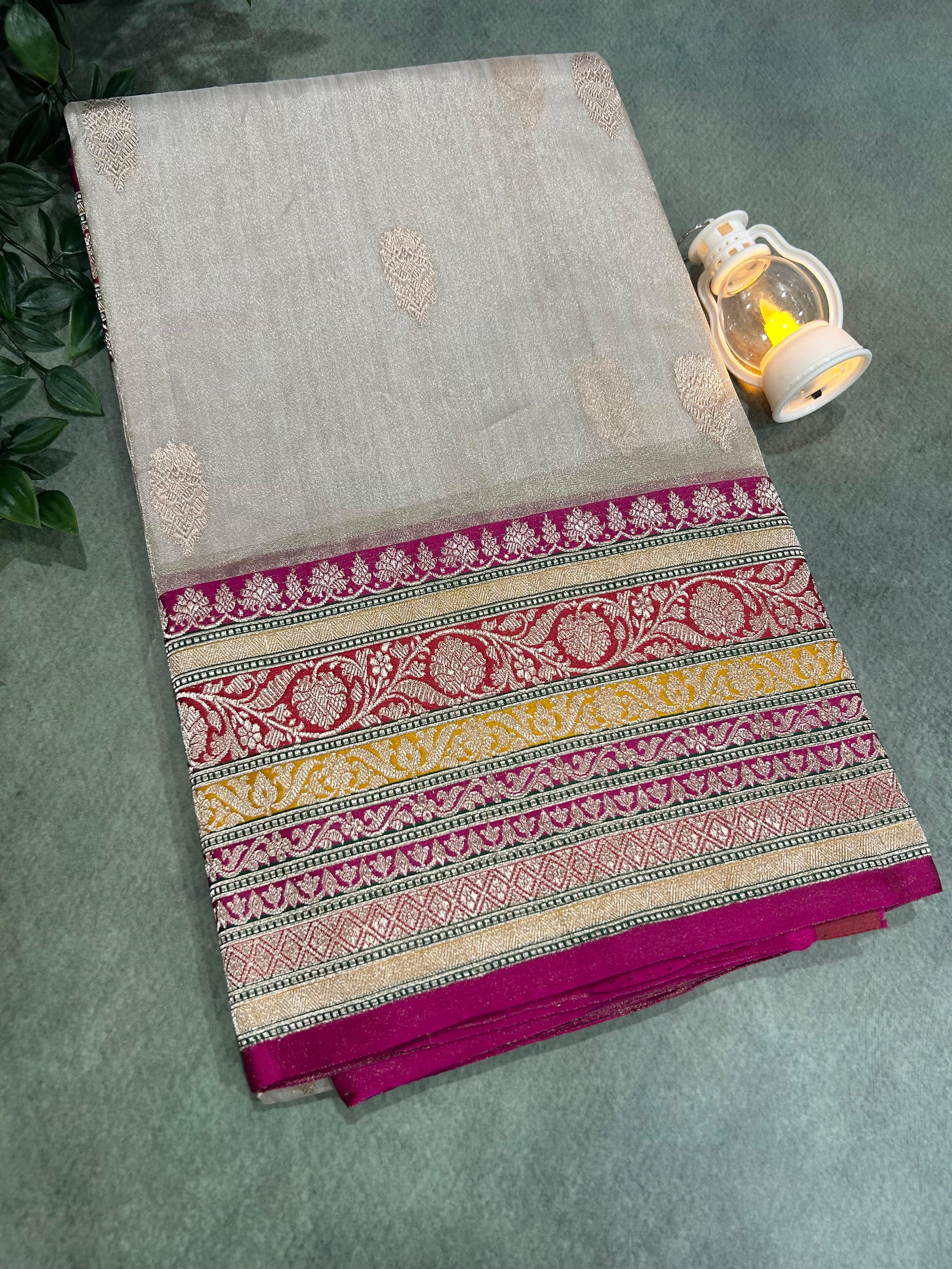 Cream small butta pure tissue kathan border saree