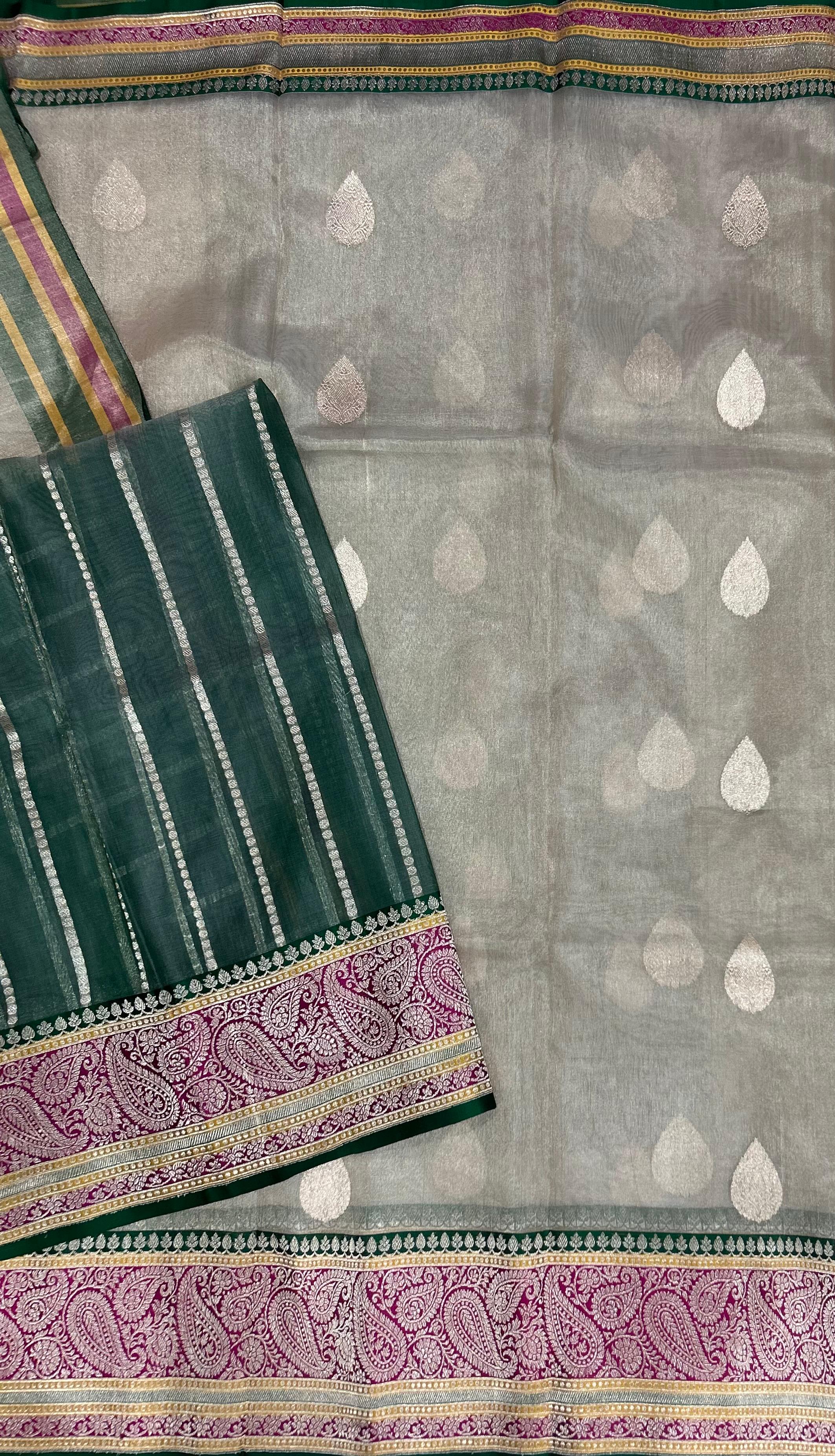 Cream small butta pure tissue kathan border saree