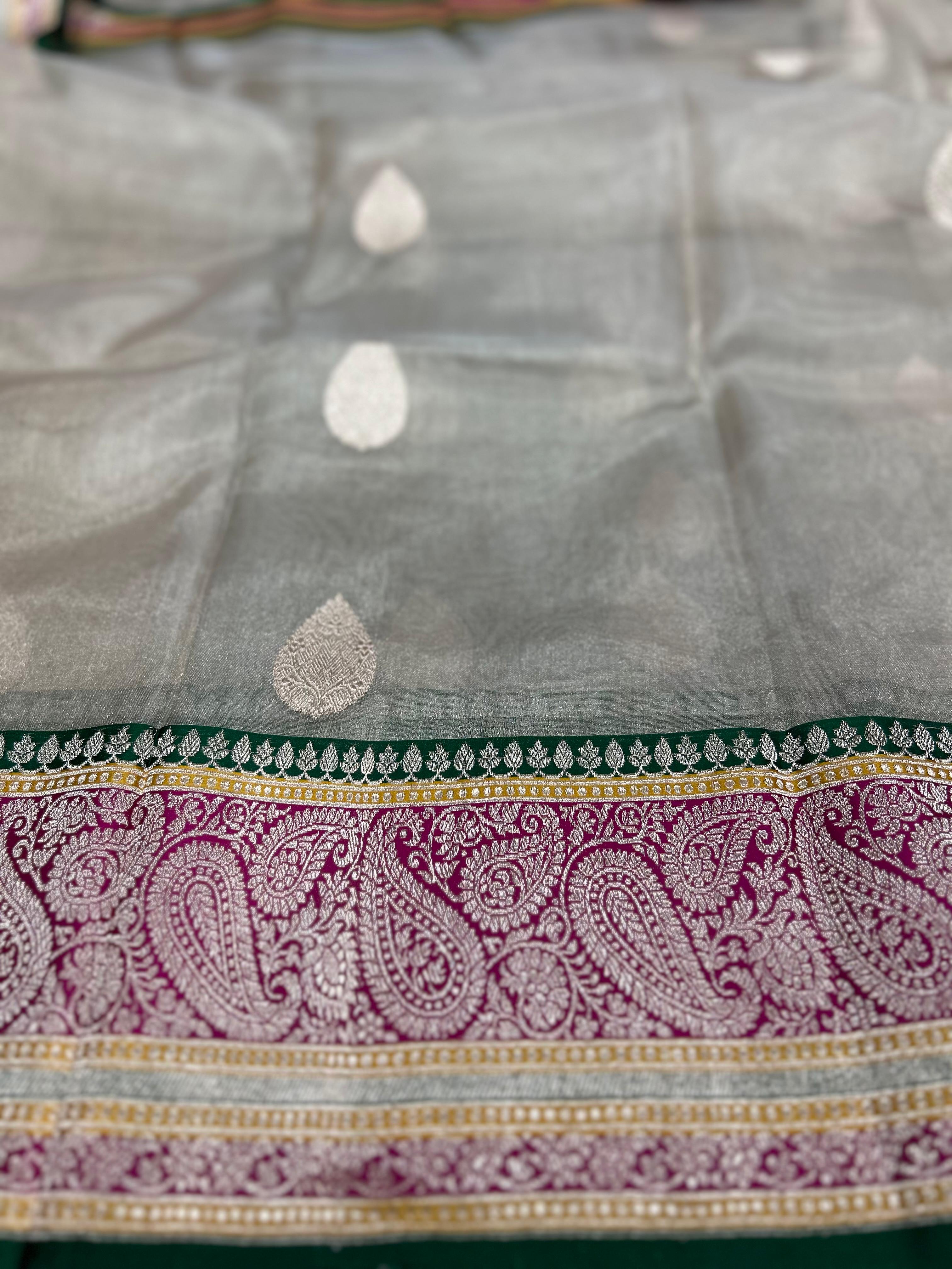 Cream small butta pure tissue 12 kathan border saree