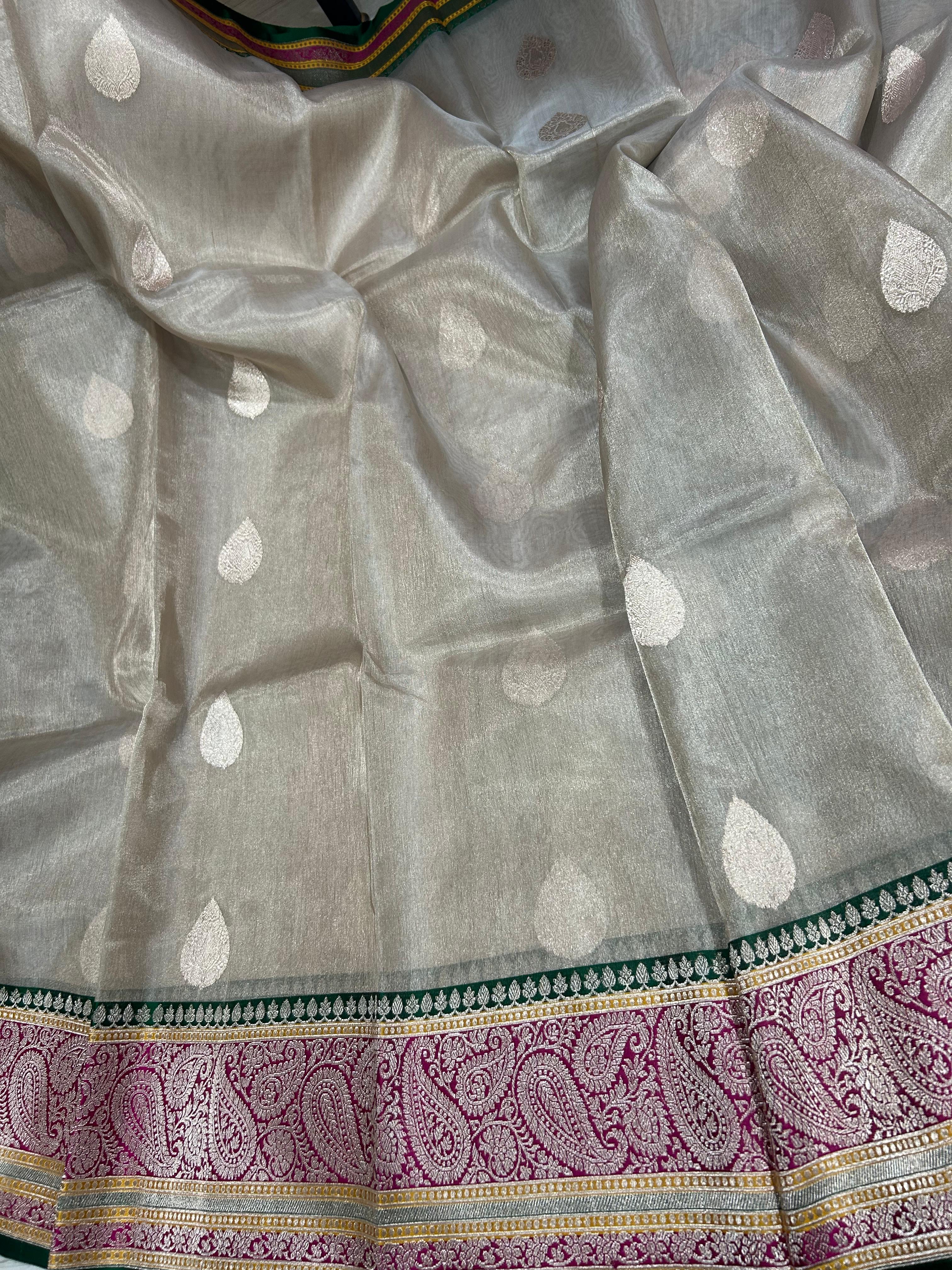 Cream small butta pure tissue 12 kathan border saree