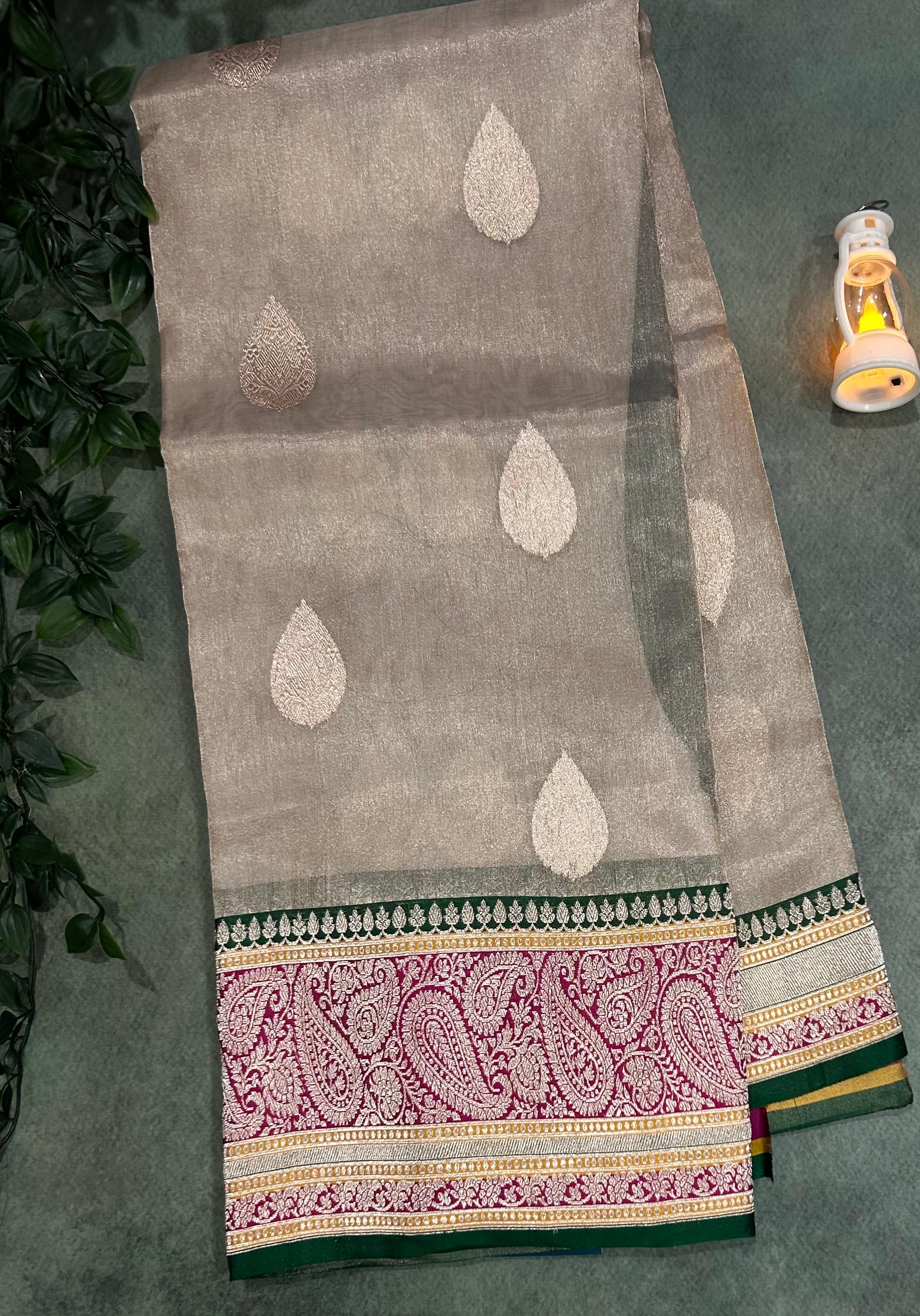 Cream small butta pure tissue kathan border saree