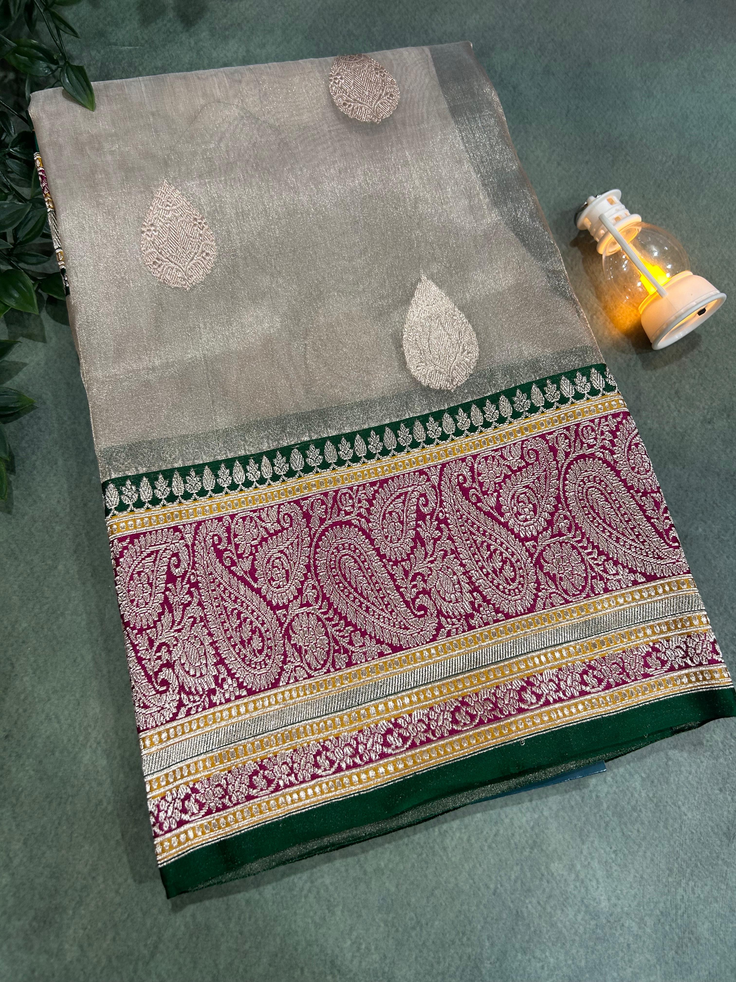 Cream small butta pure tissue kathan border saree