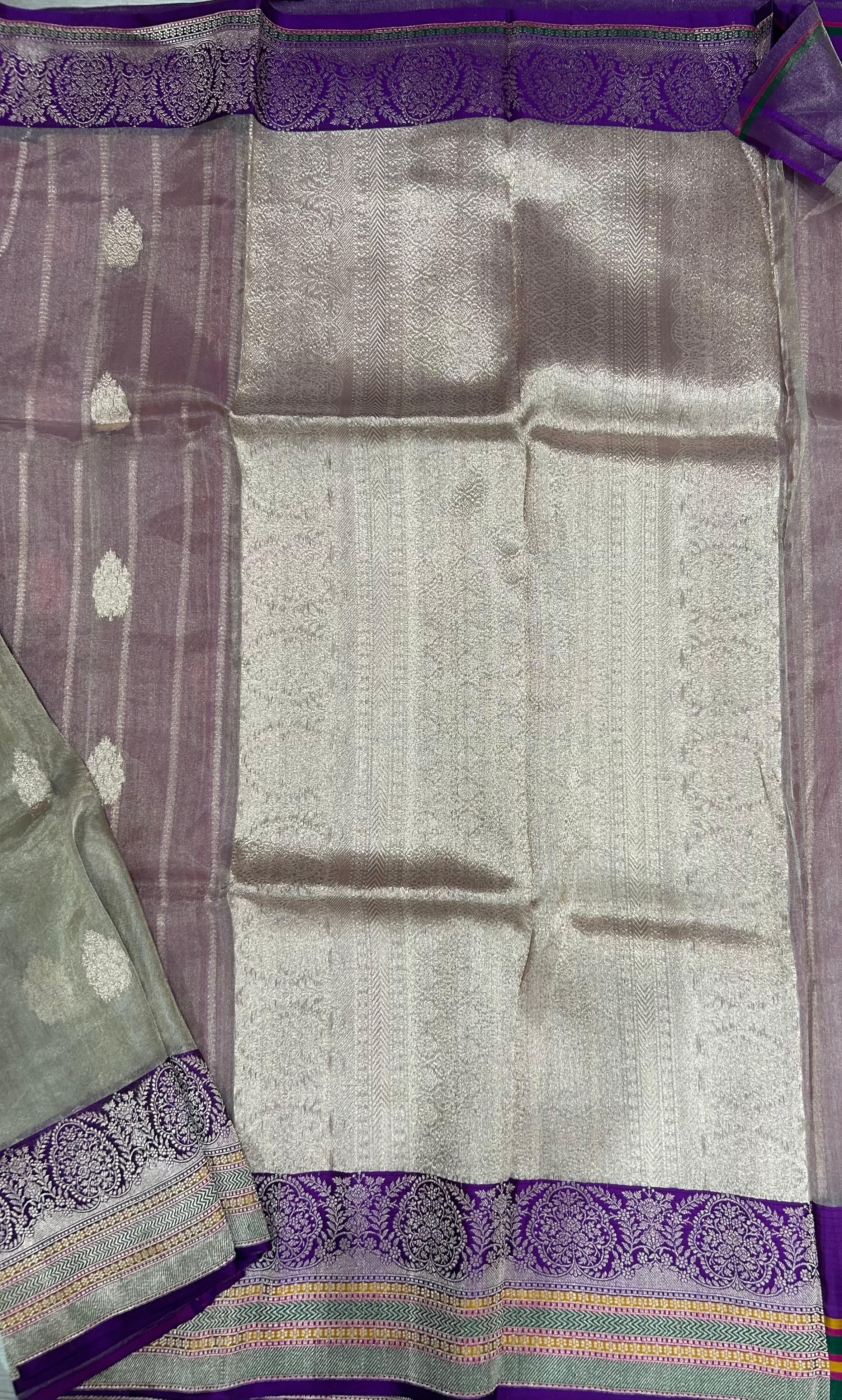 Cream small butta pure tissue 12 kathan border saree