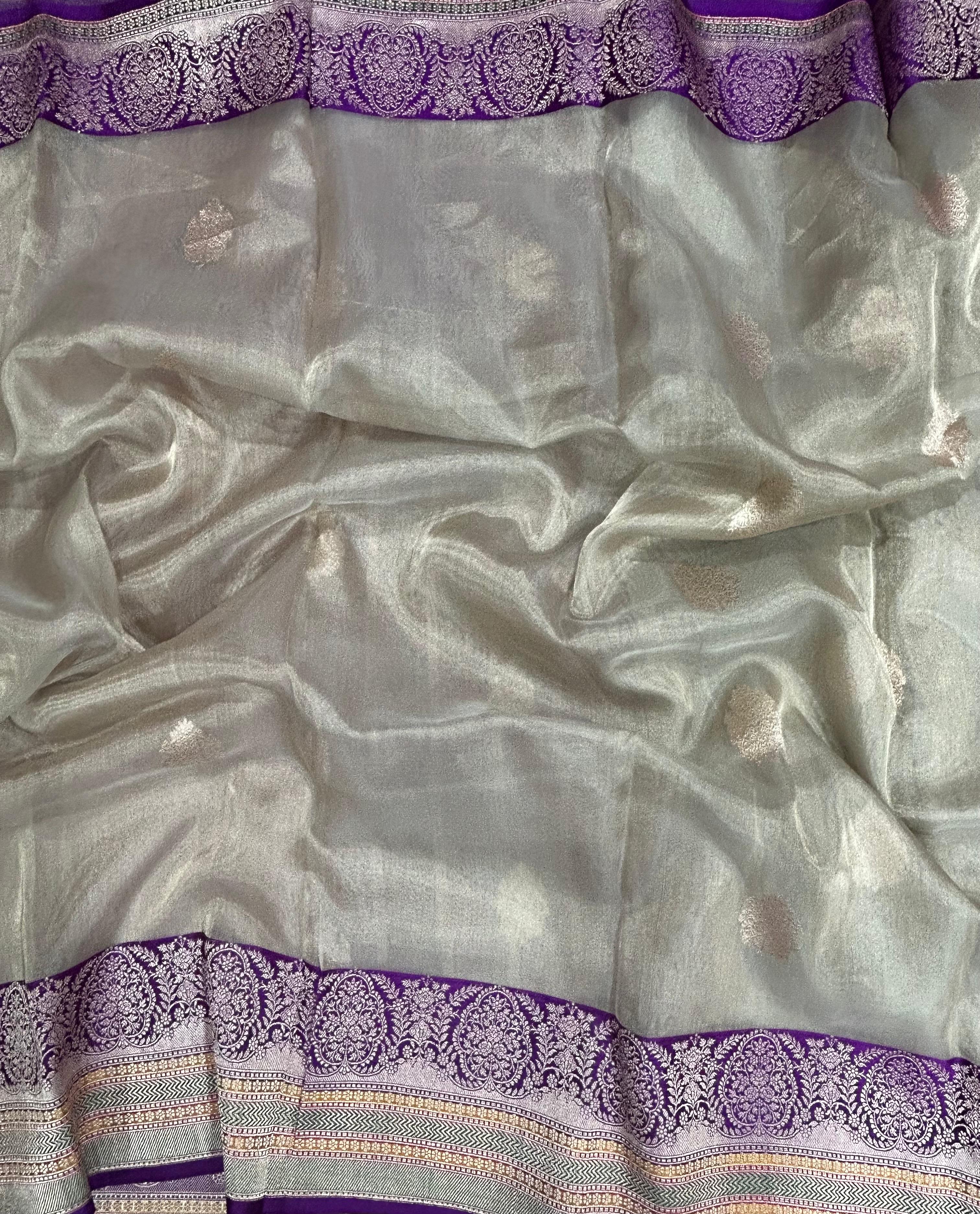 Cream small butta pure tissue 12 kathan border saree