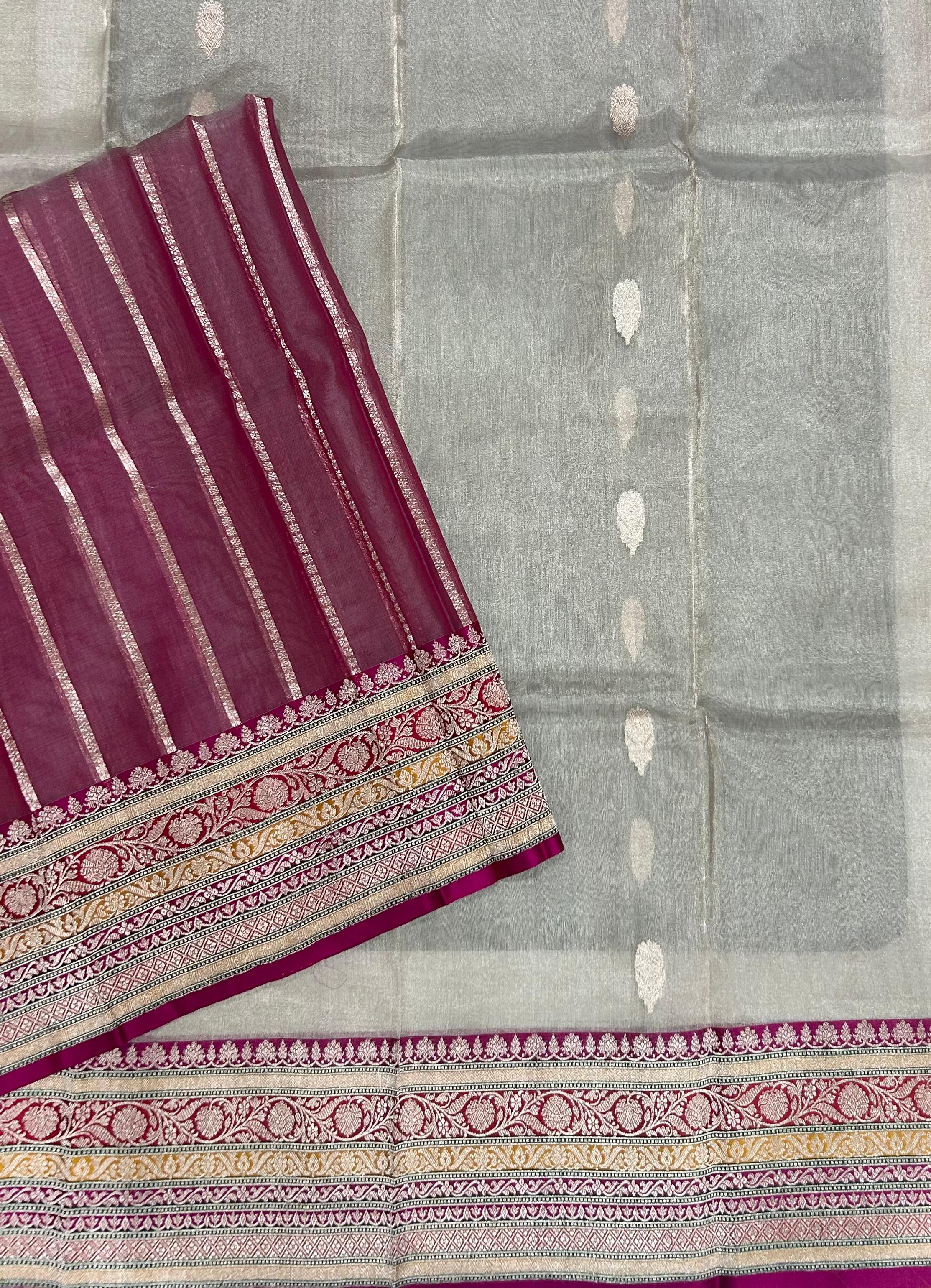 Cream small butta pure tissue 12 kathan border saree