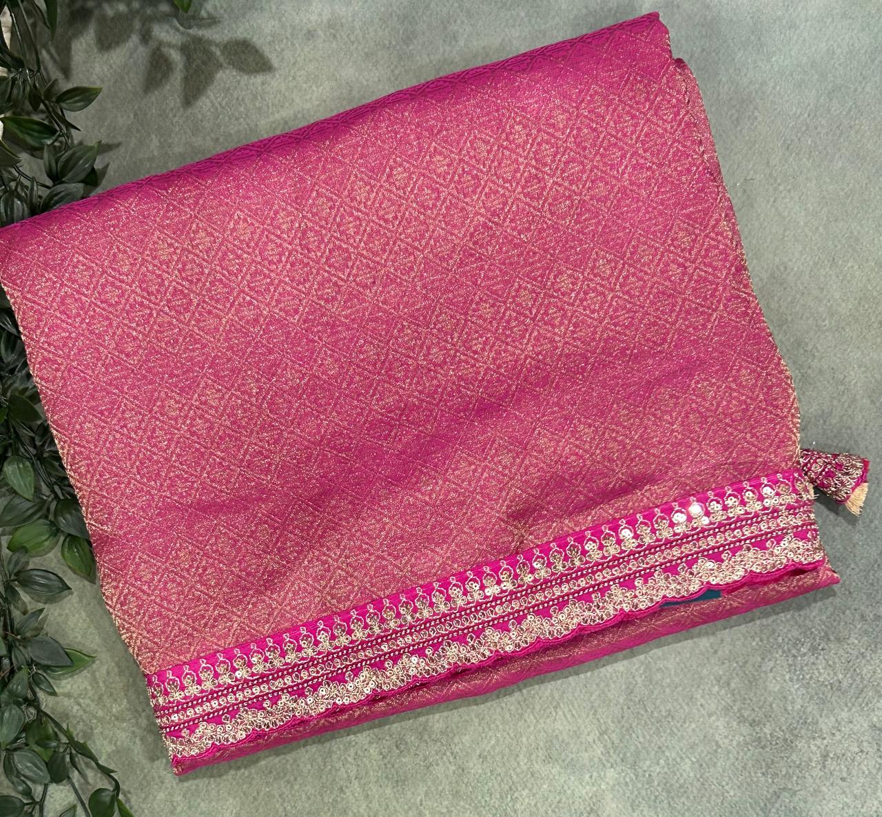 Rani pink brocade tissue scallop border party wear
