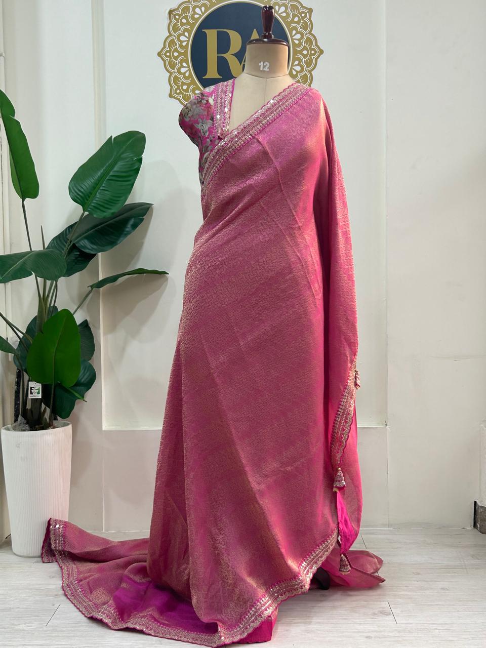Rani pink brocade tissue scallop border party wear