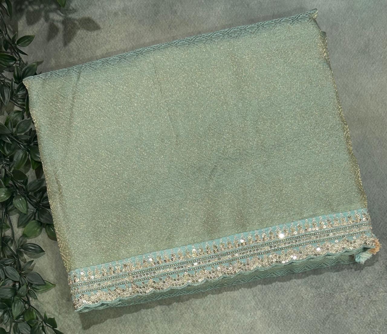 Aqua green brocade tissue scallop border party wear