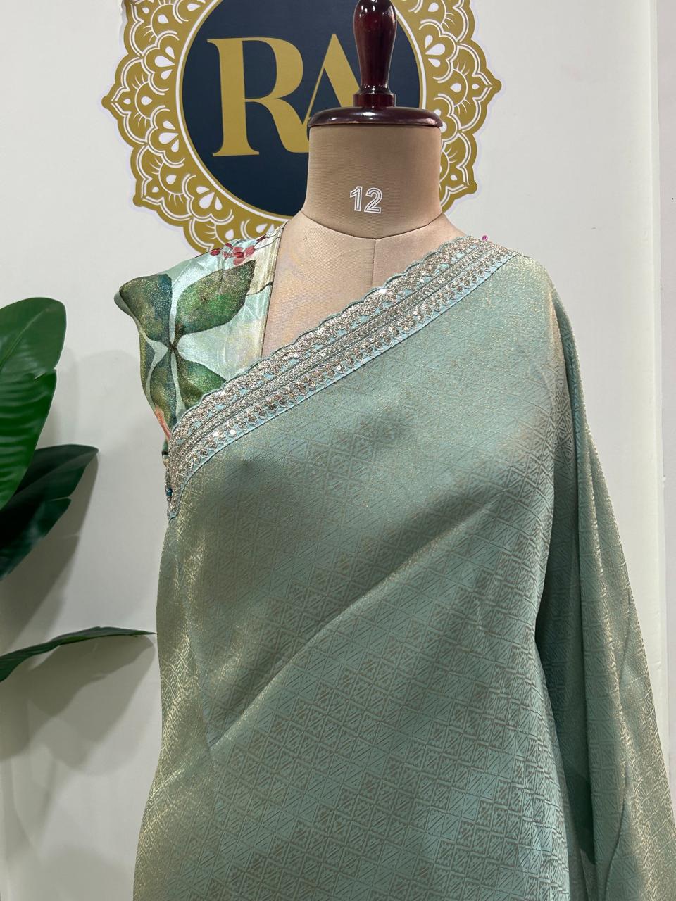Aqua green brocade tissue scallop border party wear