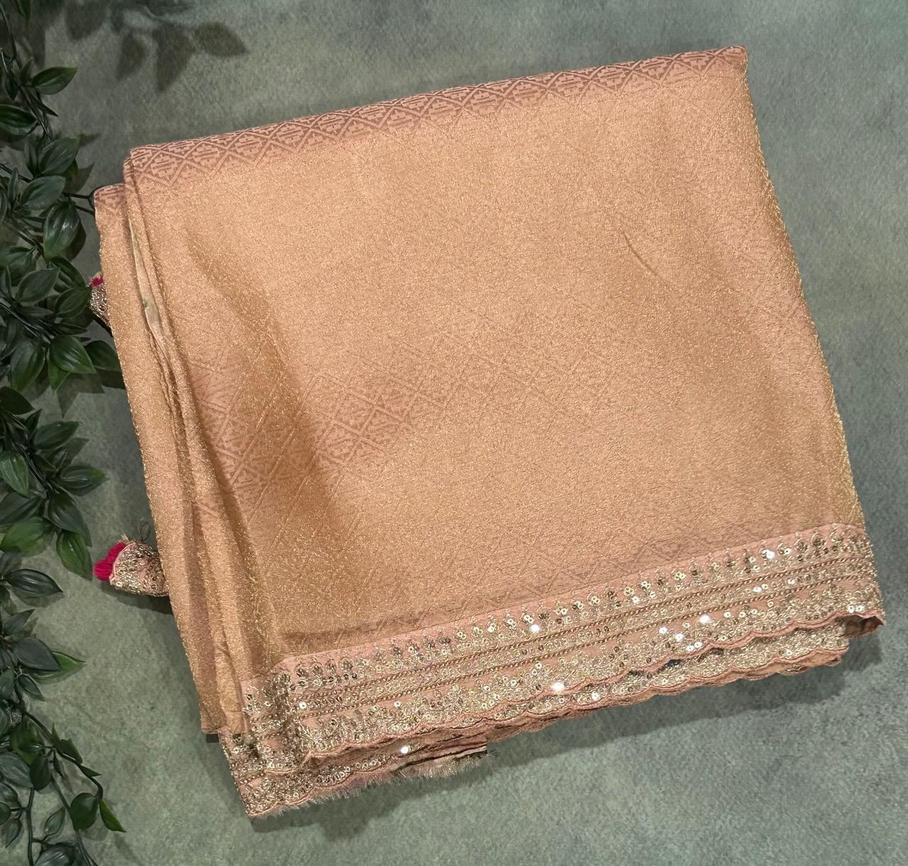 Peach brocade tissue scallop border party wear