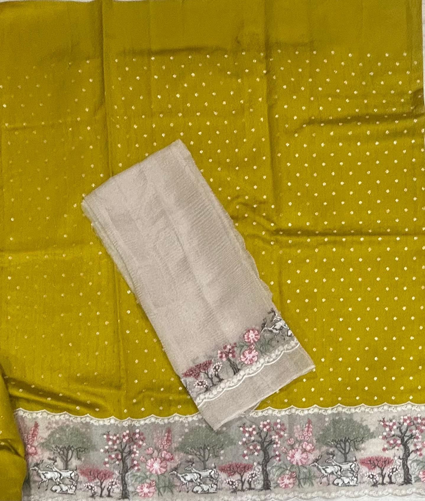 Mehendi green Embrodiery border pure chiniya silk saree