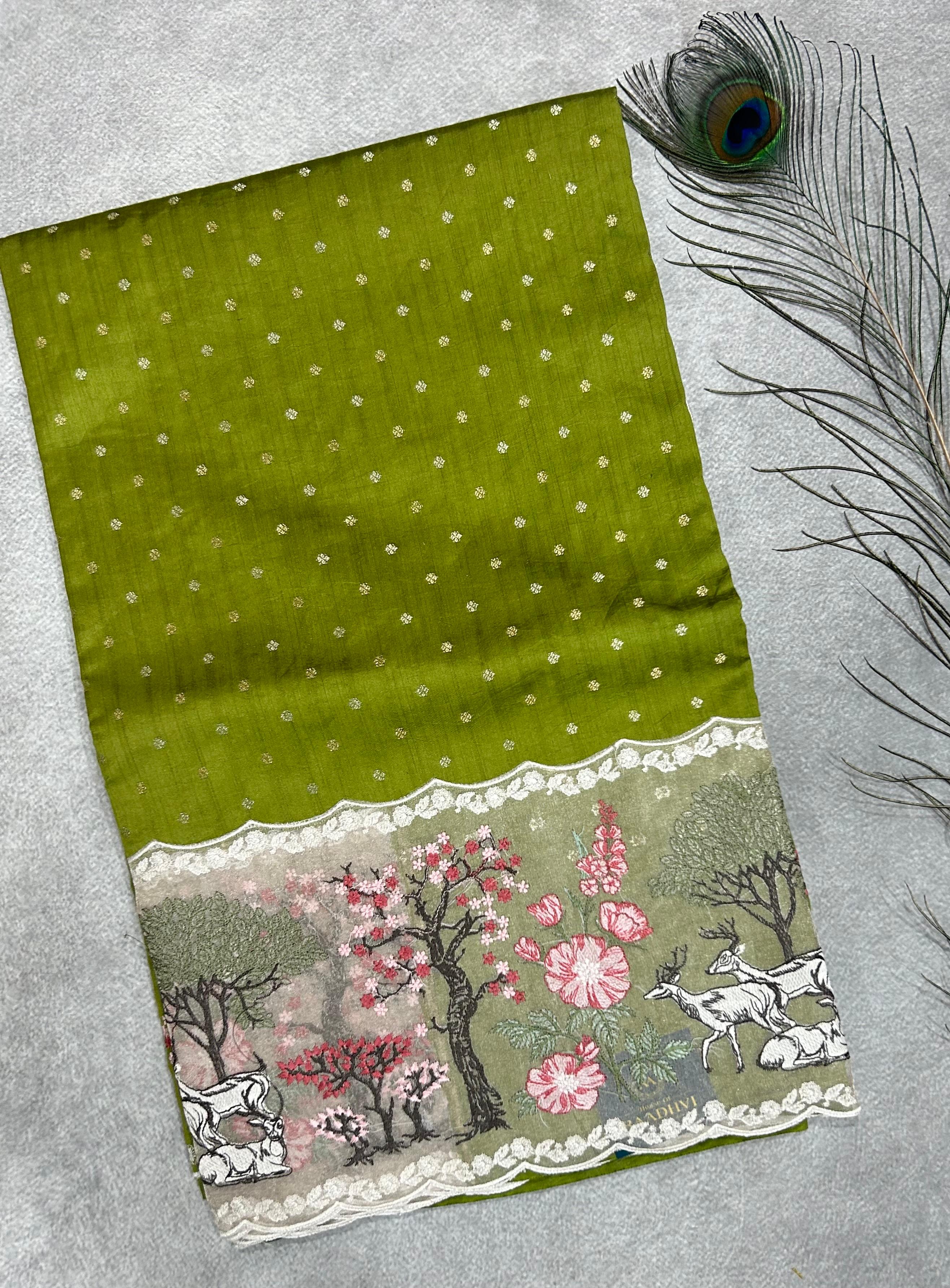 Green Embrodiery border pure chiniya silk saree