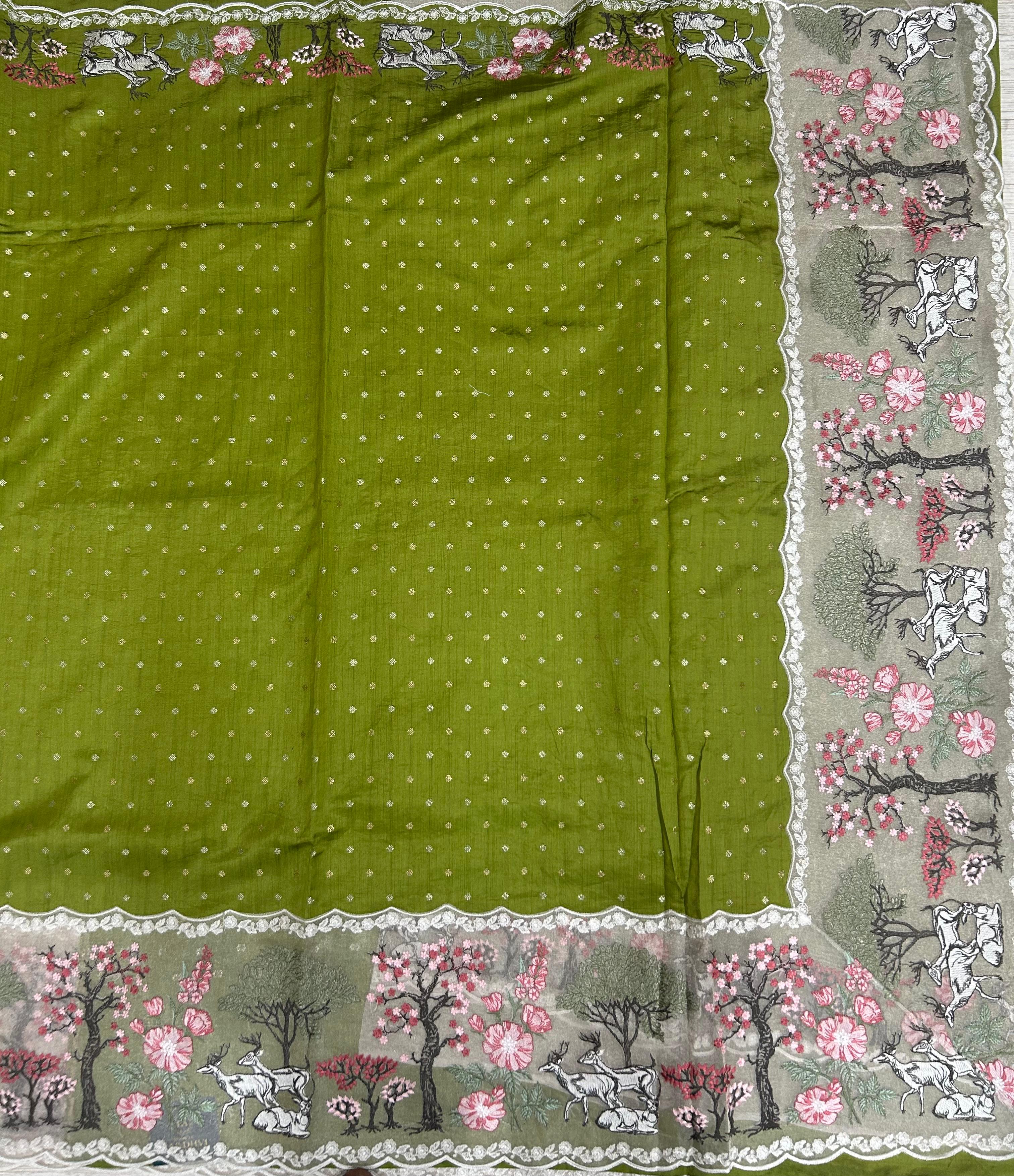 Green Embrodiery border pure chiniya silk saree