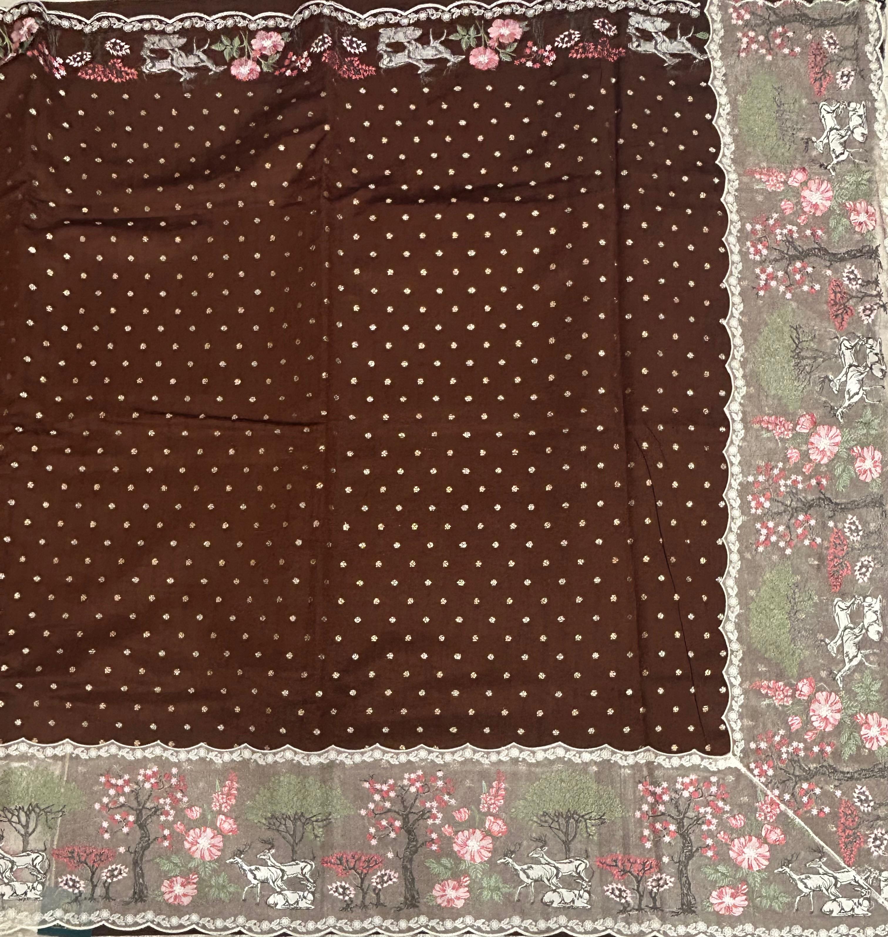 Dark brown Embrodiery border pure chiniya silk saree