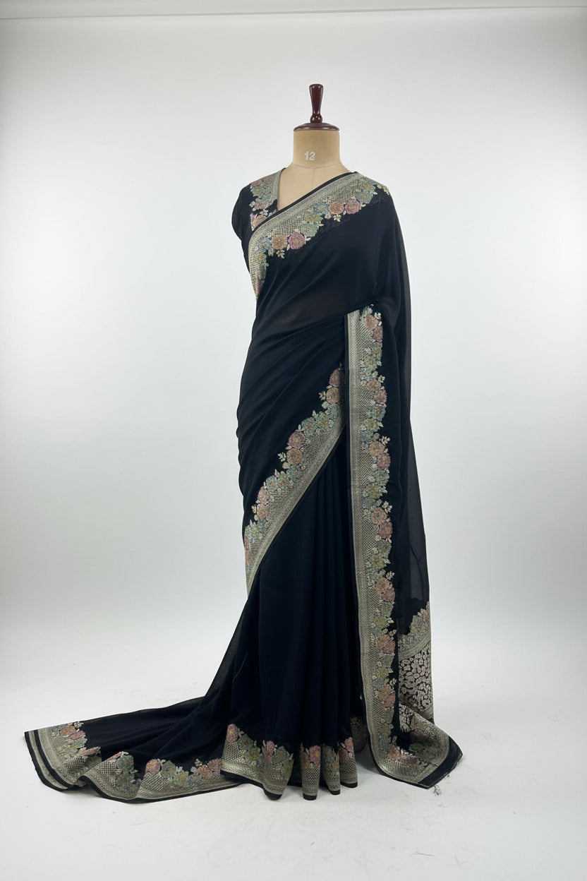 Black meena work border pure georgette-12 saree