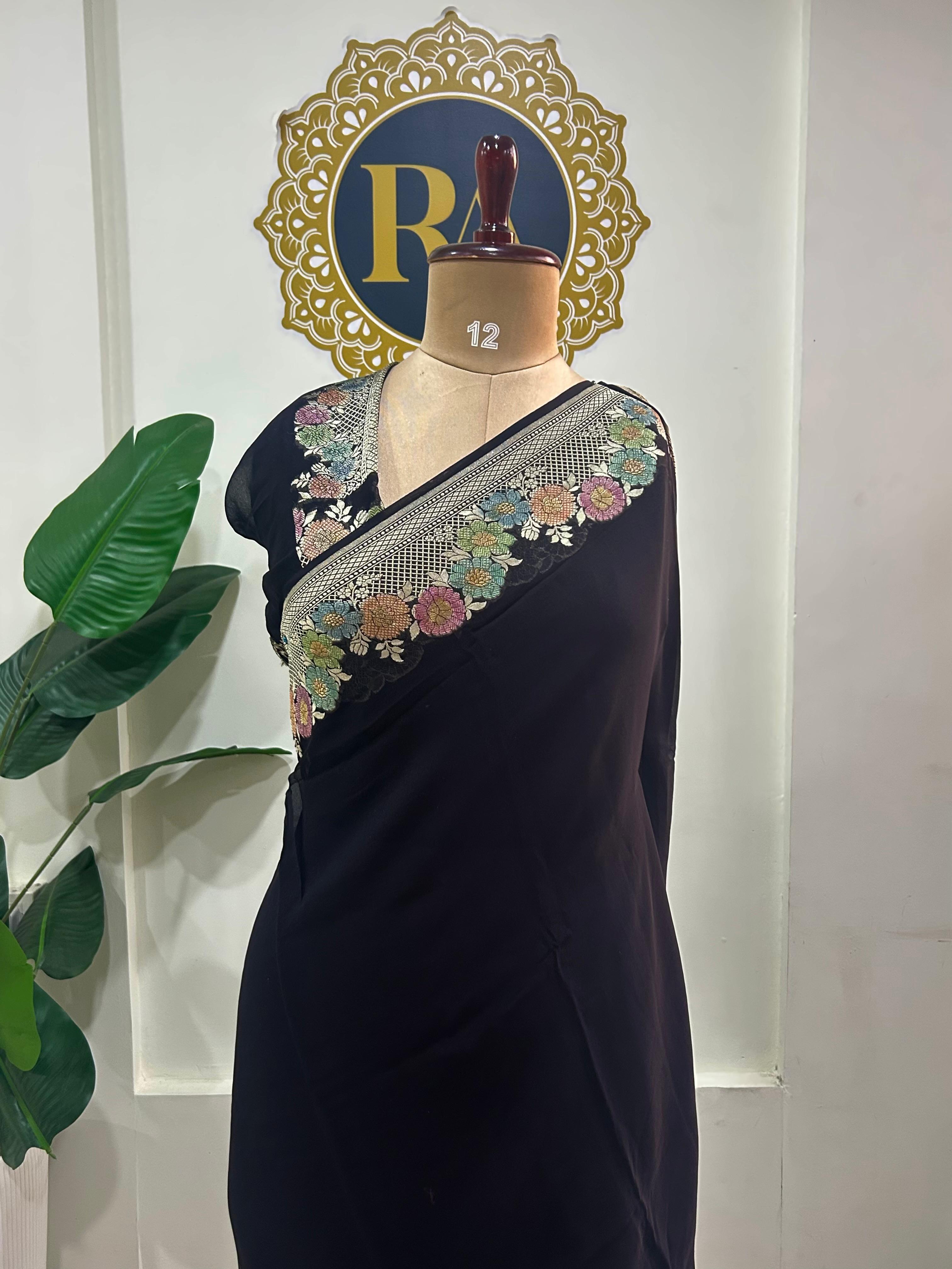 Black meena work border pure georgette-12 saree