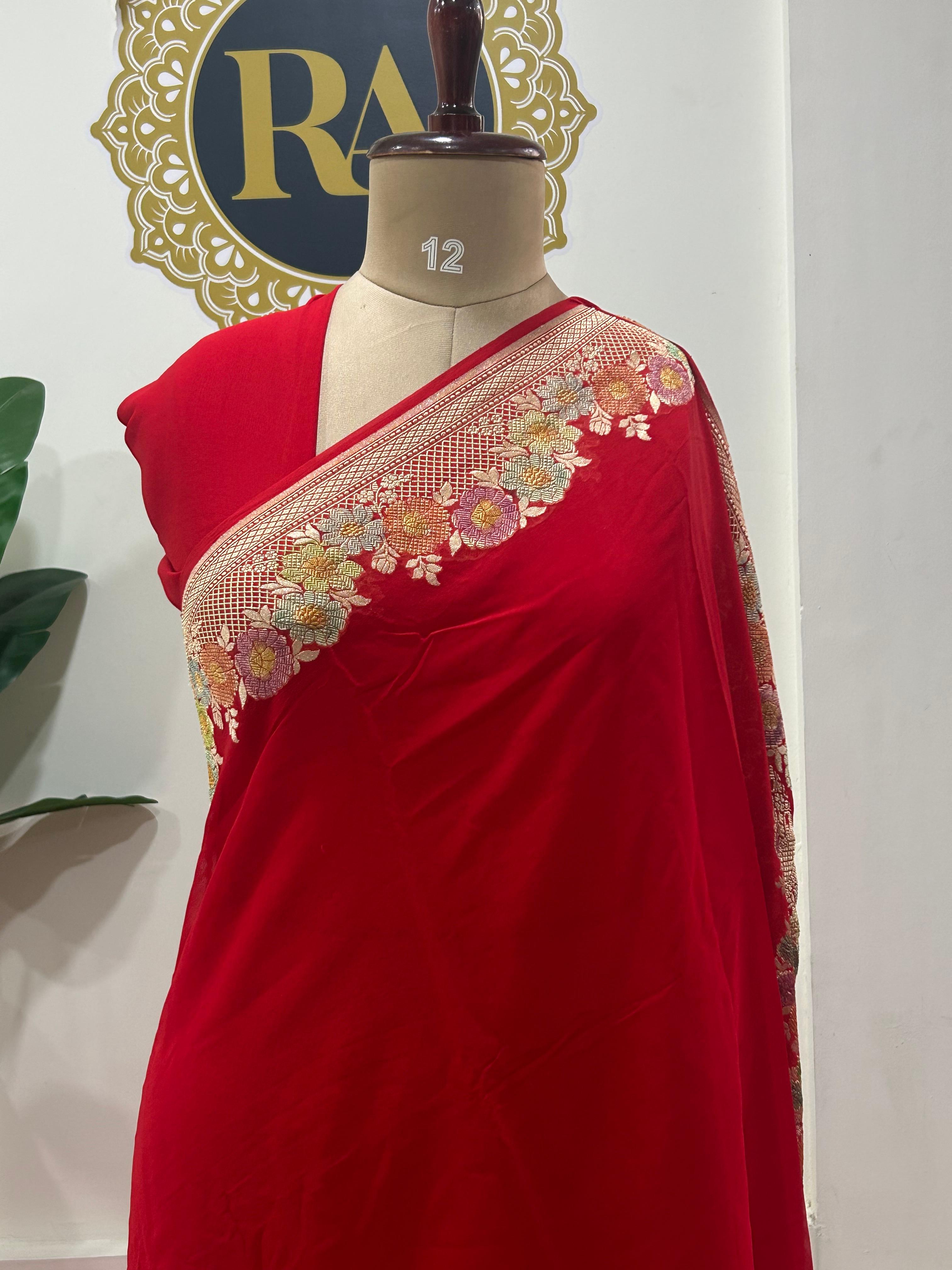 Red meena work border pure georgette-12 saree