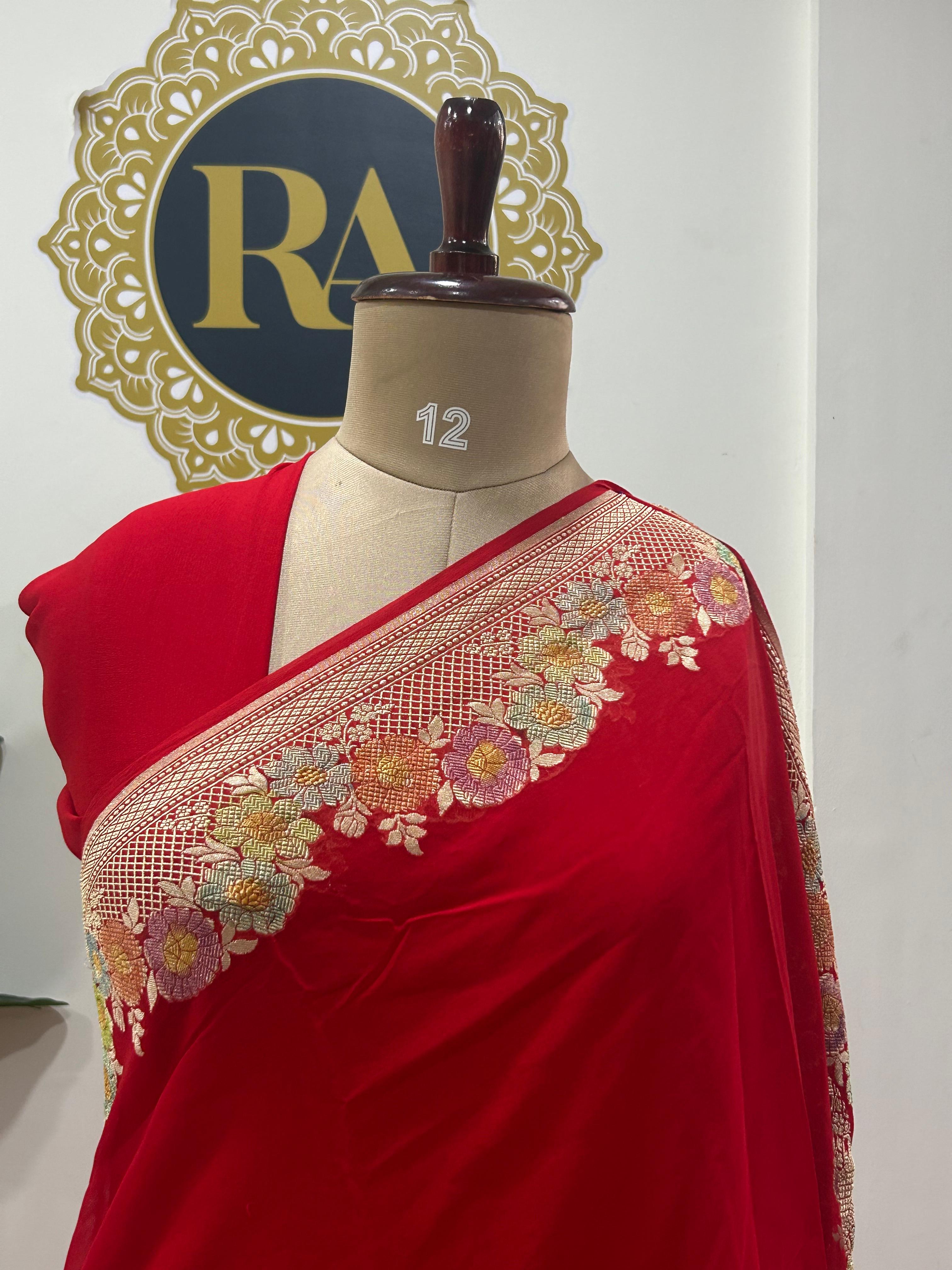 Red meena work border pure georgette-12 saree