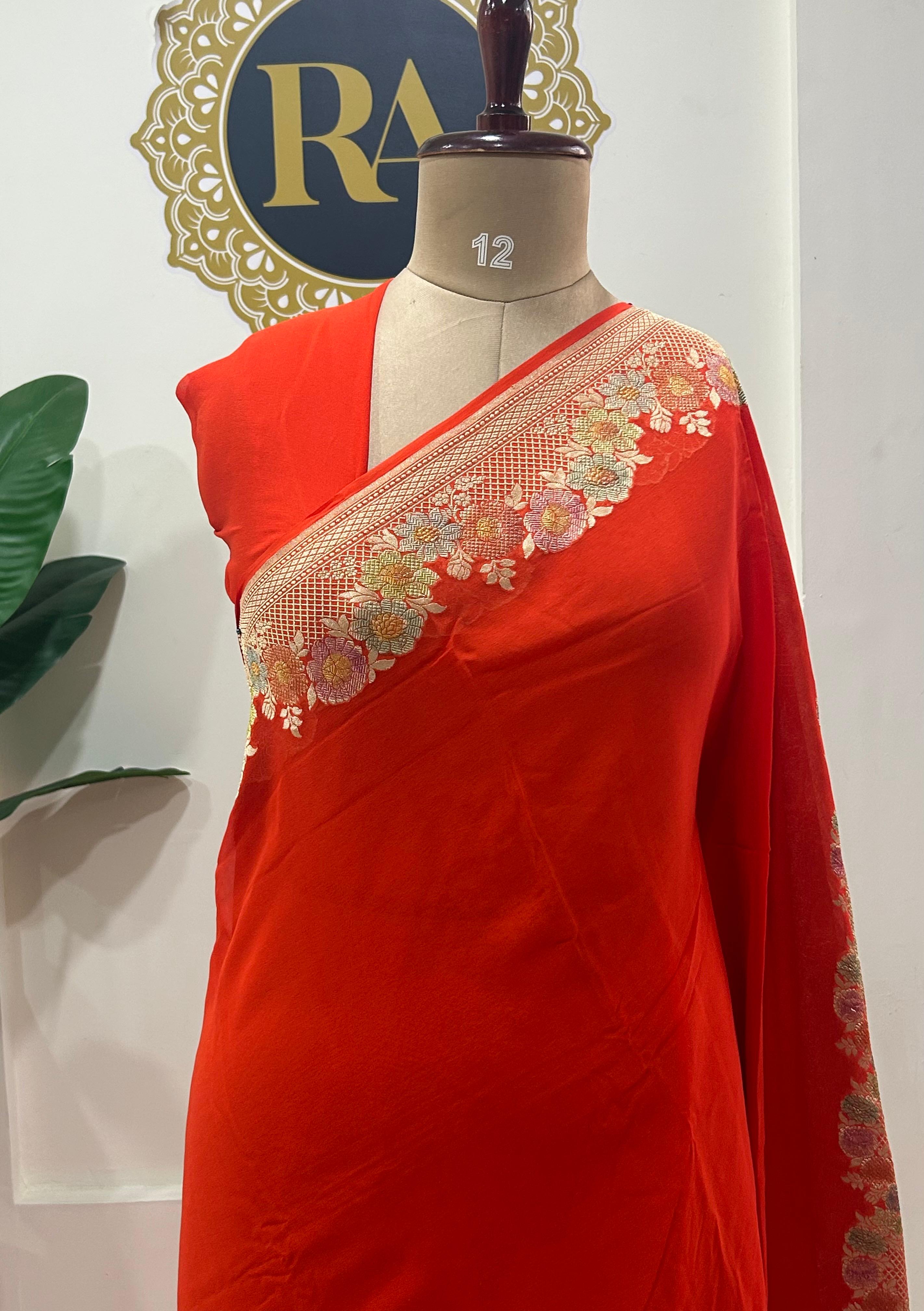 Orange meena work border pure georgette-12 saree