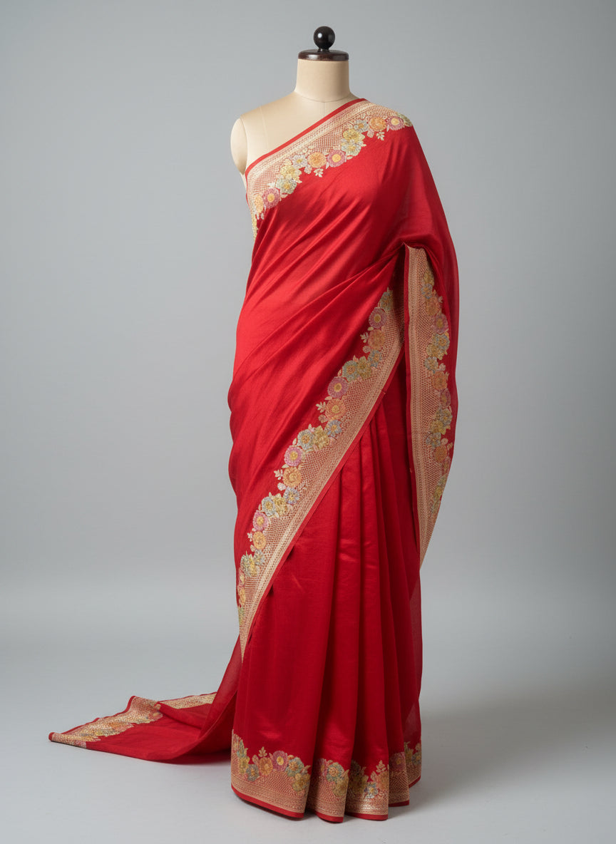 Red meena work border pure georgette-12 saree