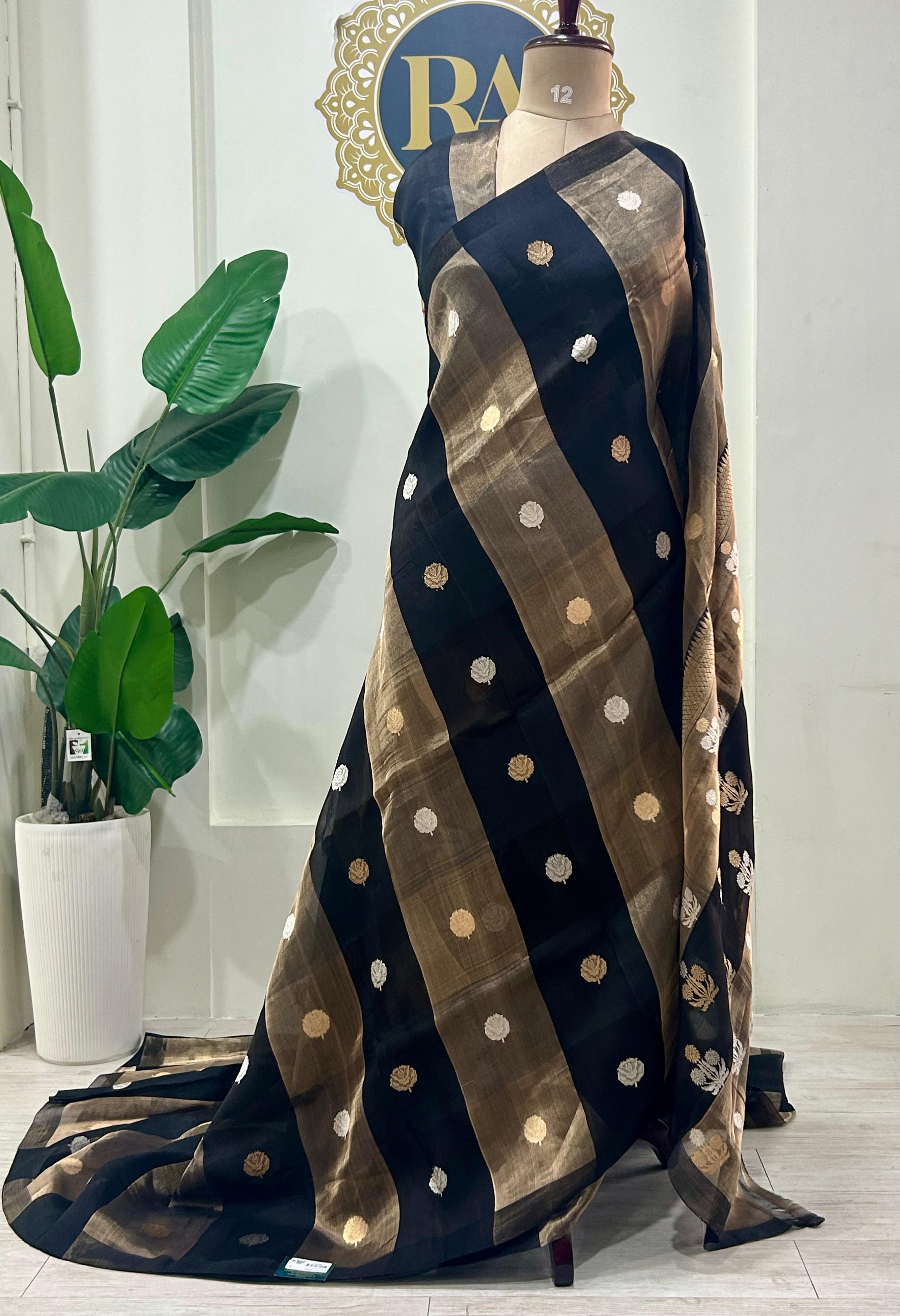 Black stripes pure organza tissue -12 saree