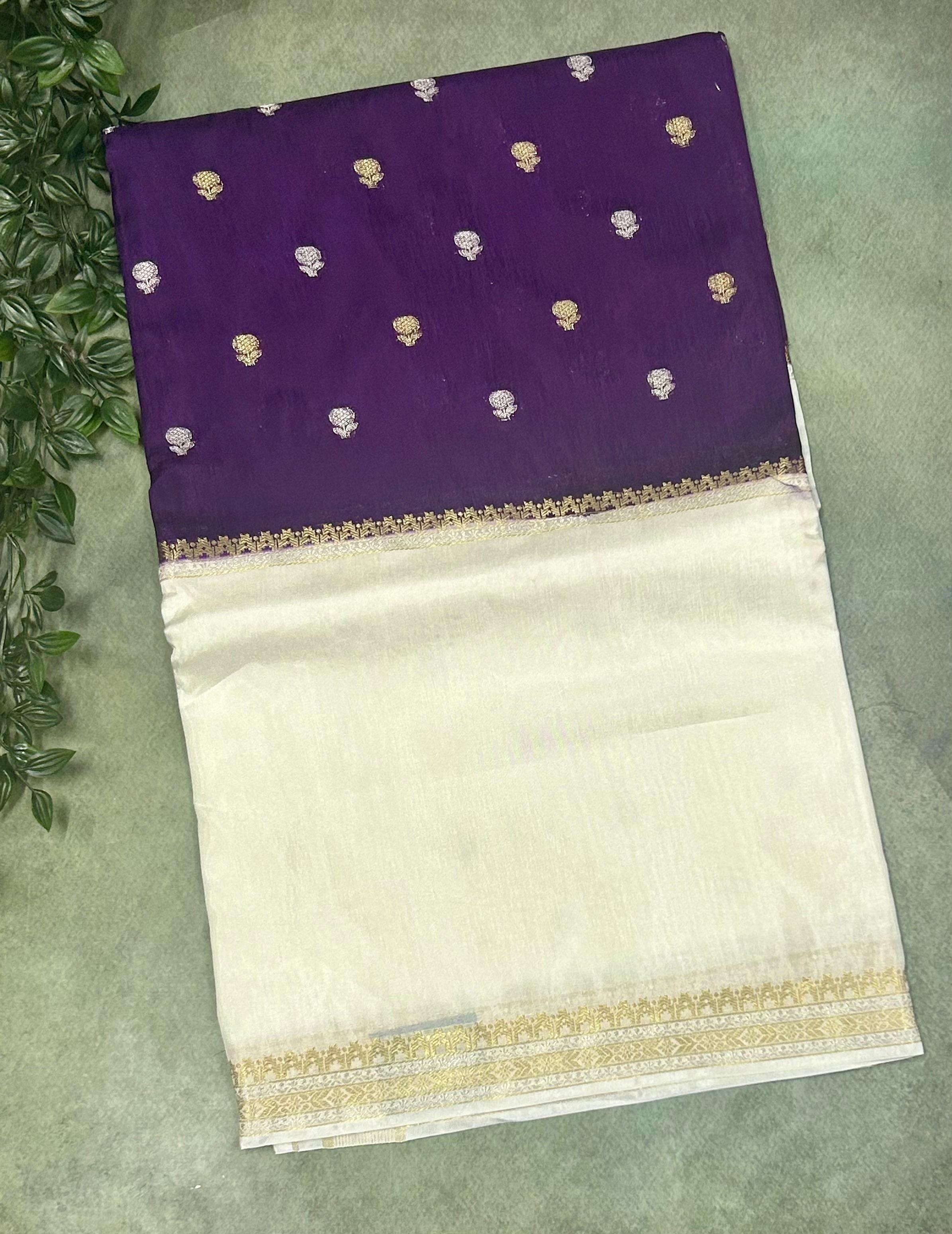 White n purple Elegant Semi Mysore-09 Silk Saree with Beautiful Zari Border