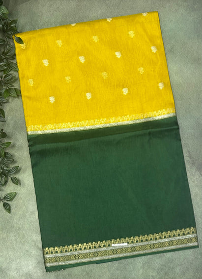 Lime yellow n green Elegant Semi Mysore-09 Silk Saree with Beautiful Zari Border