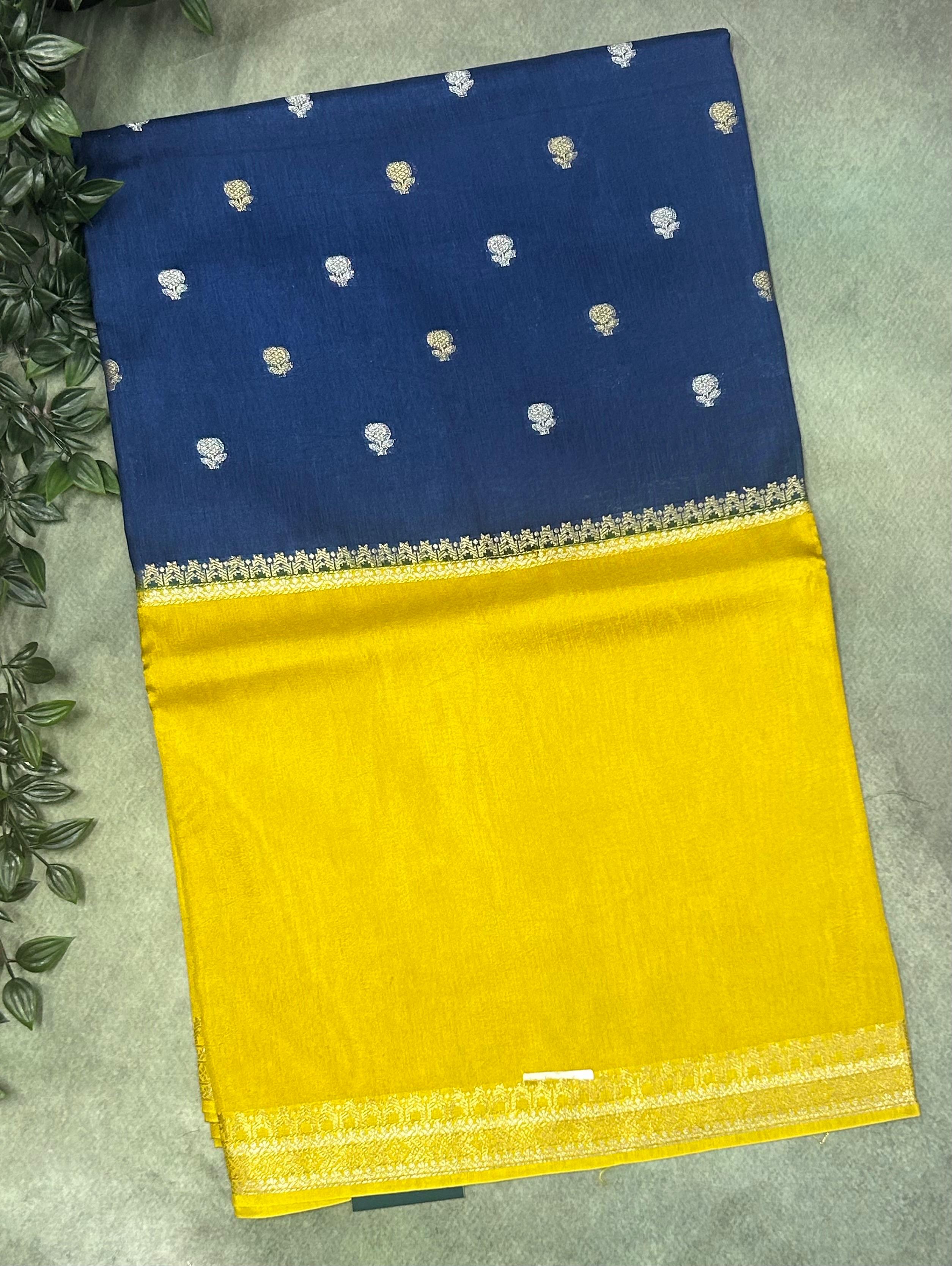 Peacock blue n yellow  Elegant Semi Mysore-09 Silk Saree with Beautiful Zari Border
