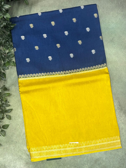 Peacock blue n yellow  Elegant Semi Mysore-09 Silk Saree with Beautiful Zari Border