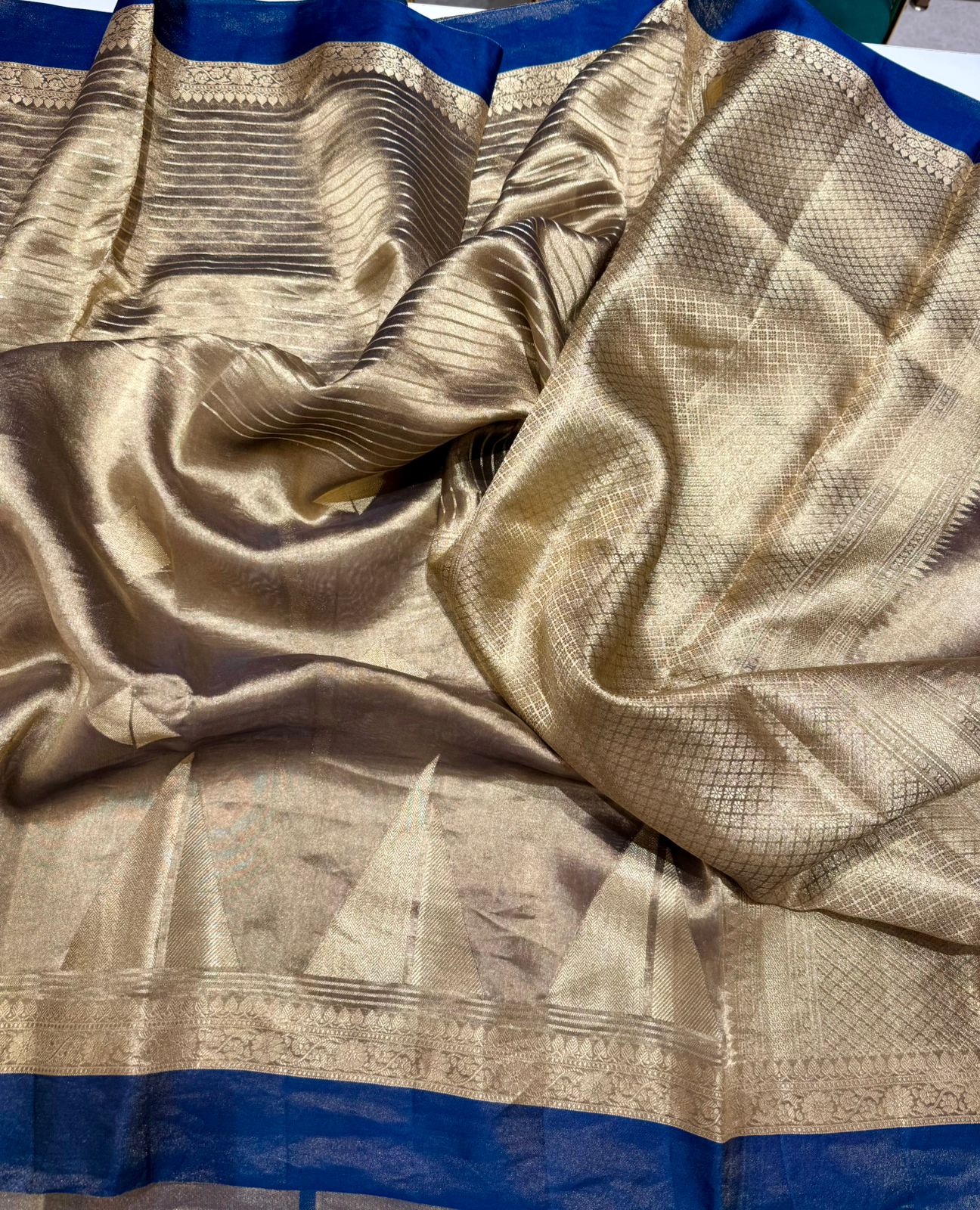 Gold blue Pure tissue satin border Benarasi