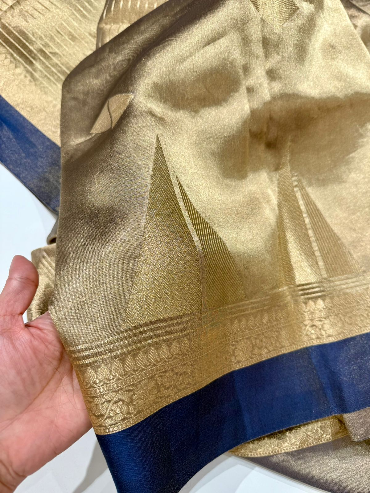 Gold blue Pure tissue satin border Benarasi